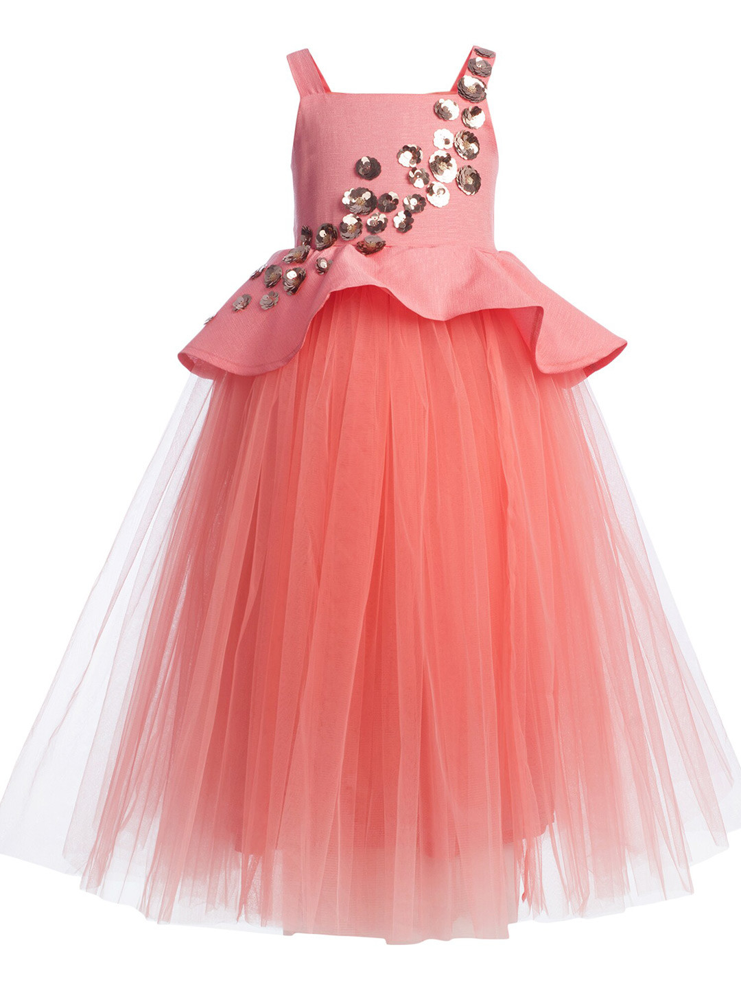 Toy Balloon kids Girls Peach-Coloured Embellished Layered Net Fit & Flare Maxi Dress