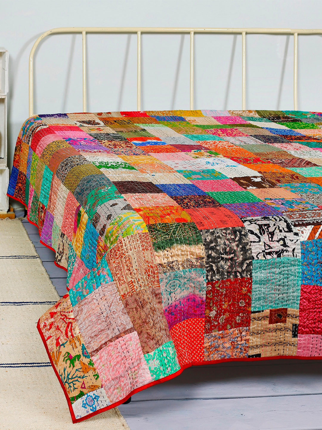 HANDICRAFT PALACE Red & Blue Patch Work Silk Bed Covers