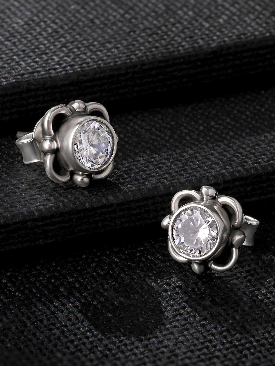 Silvora by Peora Oxidised Silver-Plated White CZ Floral 925 Sterling Silver Studs Earrings