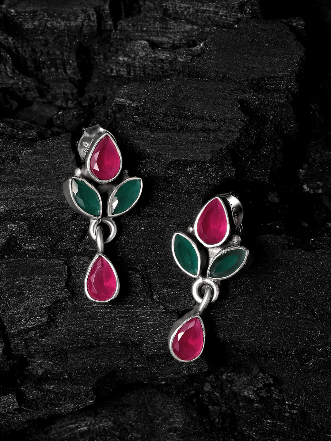 Silvora by Peora Silver-Toned & Red Leaf Shaped Drop Earrings