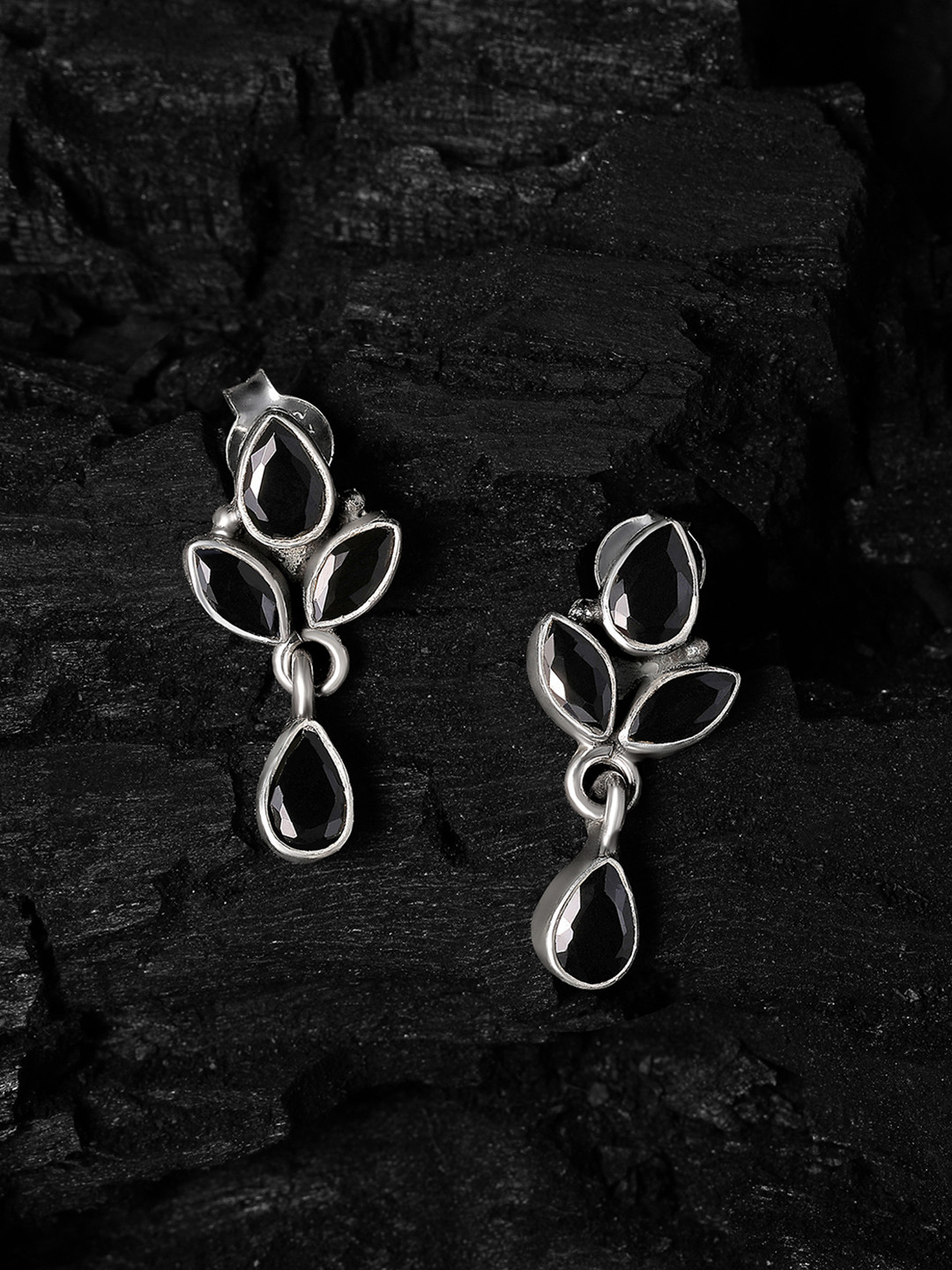 Silvora by Peora Black Leaf Shaped Drop Earrings
