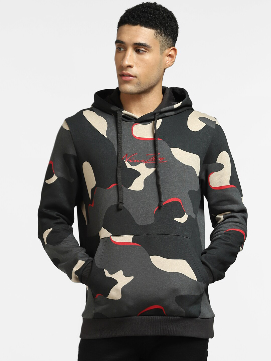 Jack & Jones Men Black & Grey Camouflage Printed Hooded Sweatshirt