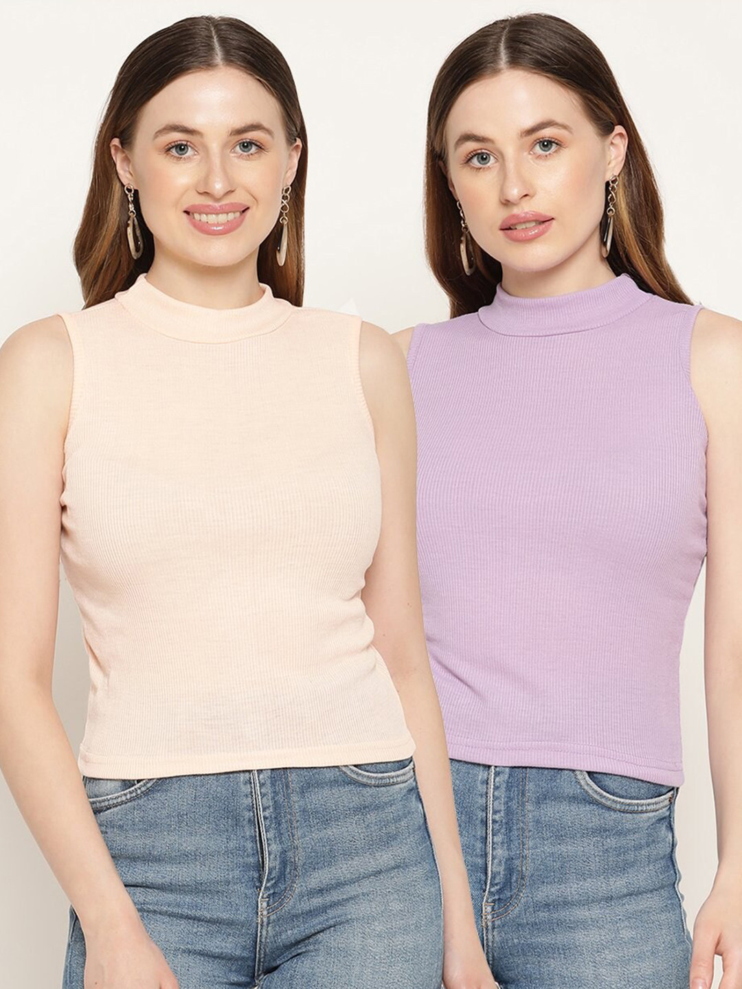 Miaz Lifestyle Pack Of 2 Beige -Coloured & Purple Solid Organic Cotton Fitted Top