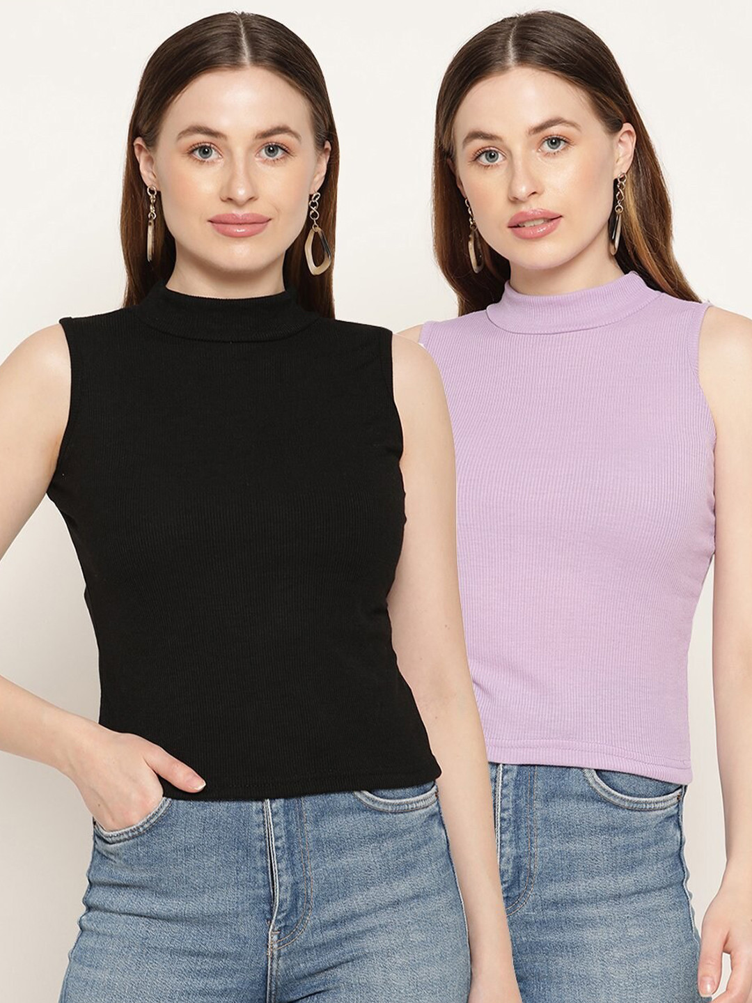 Miaz Lifestyle Pack of 2 Solid Purple & Black Indigo Fitted Top