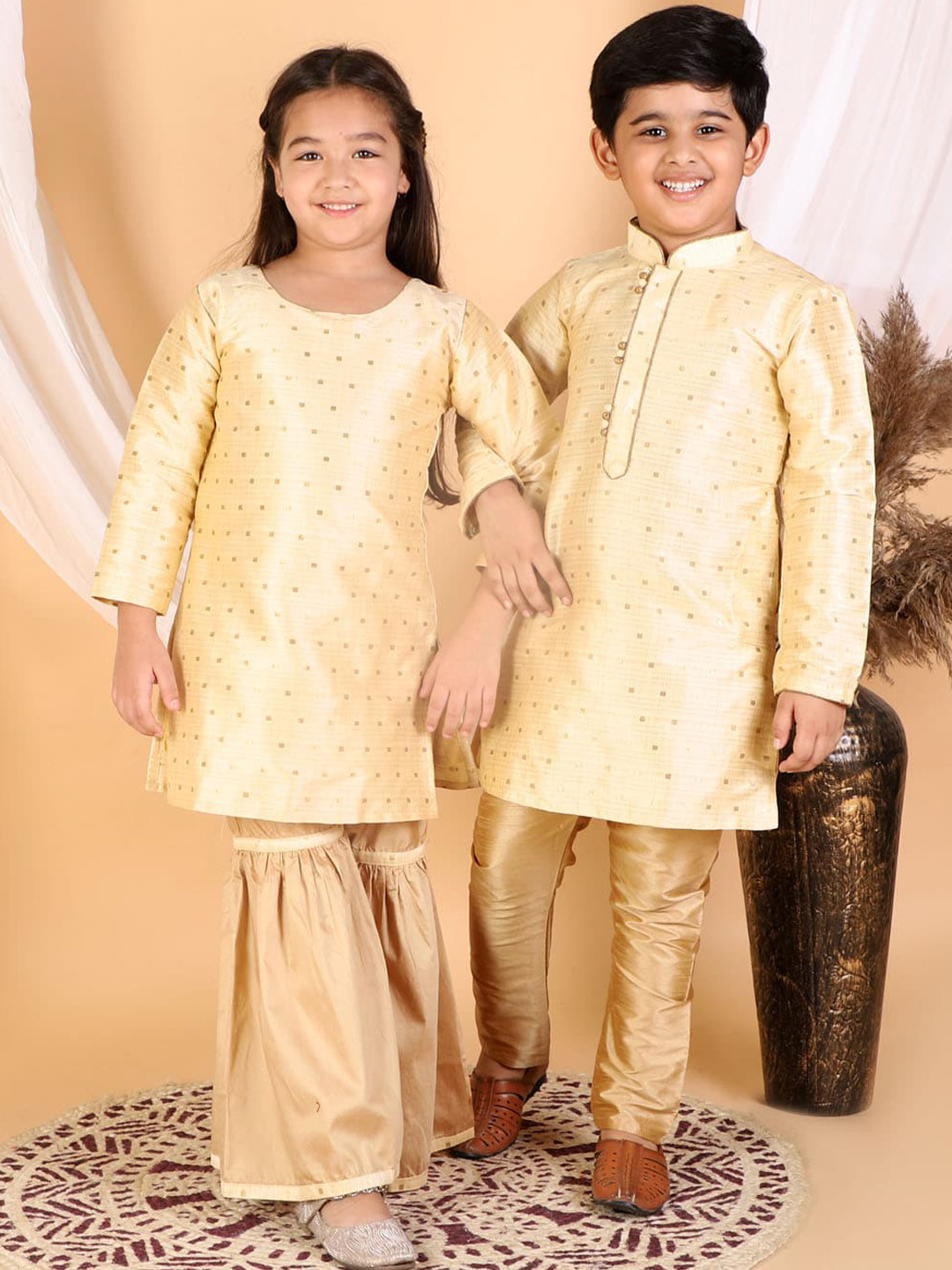 VASTRAMAY Girls Gold-Toned & Rose Gold Embellished Kurta And Sharara