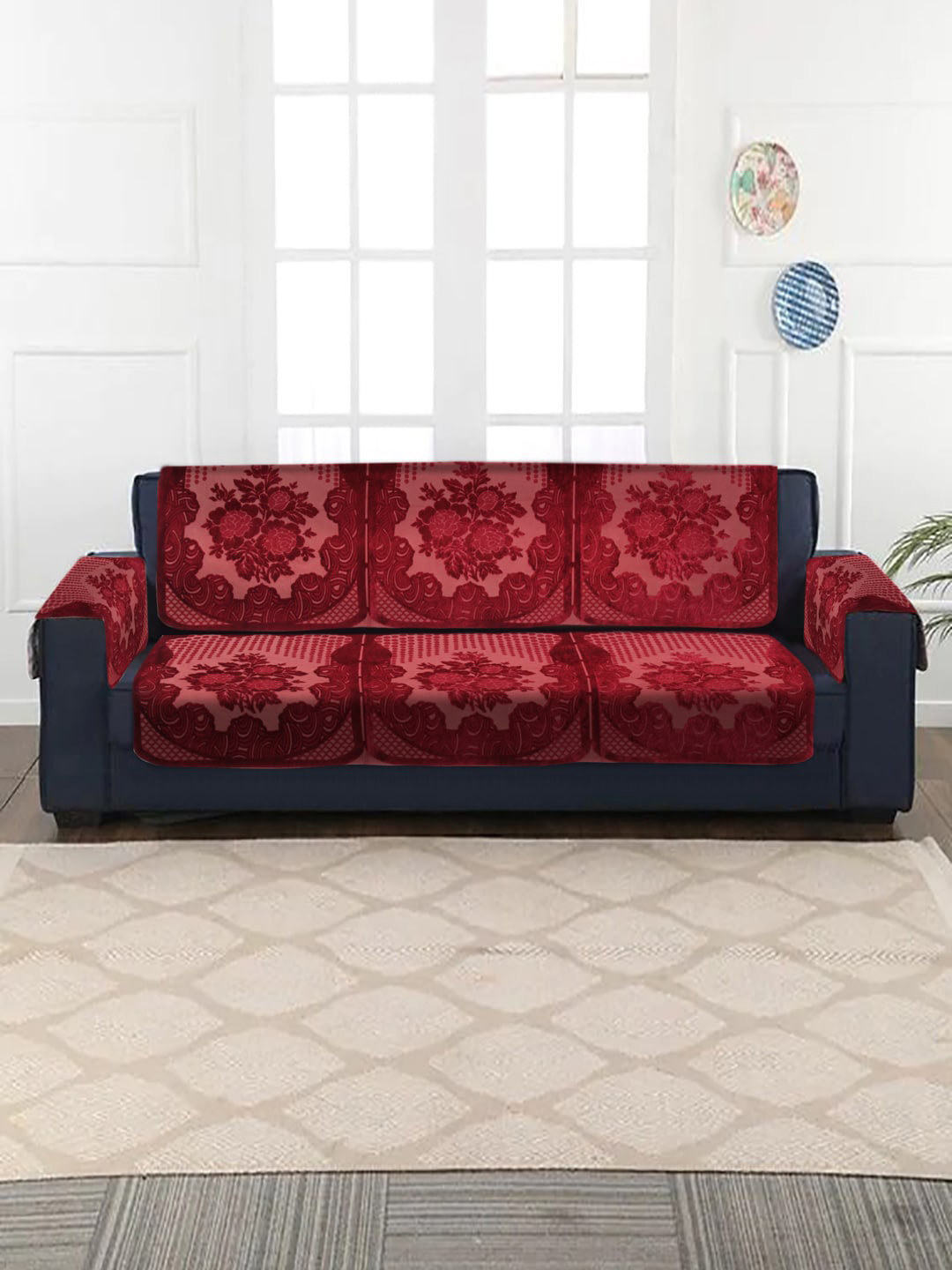 HOSTA HOMES Maroon Floral Embossed Velvet 3 Seater Sofa Cover With Arm Rest Covers