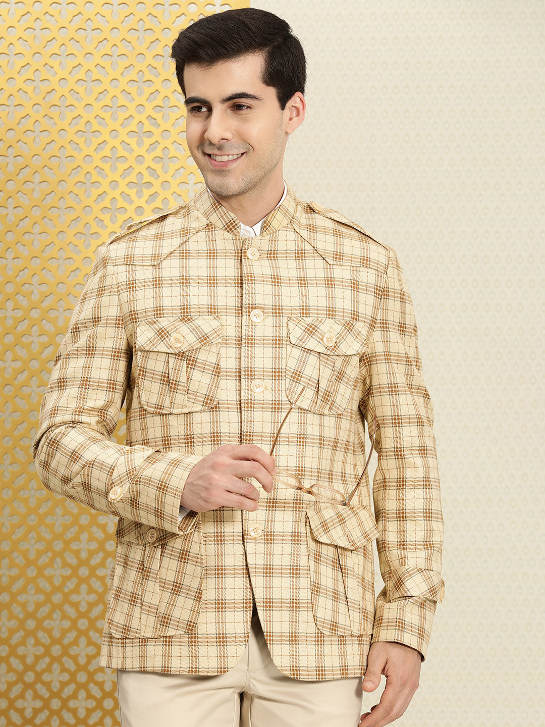 House of Pataudi Jashn Mandarin Collar Checked Bandhgala Blazer