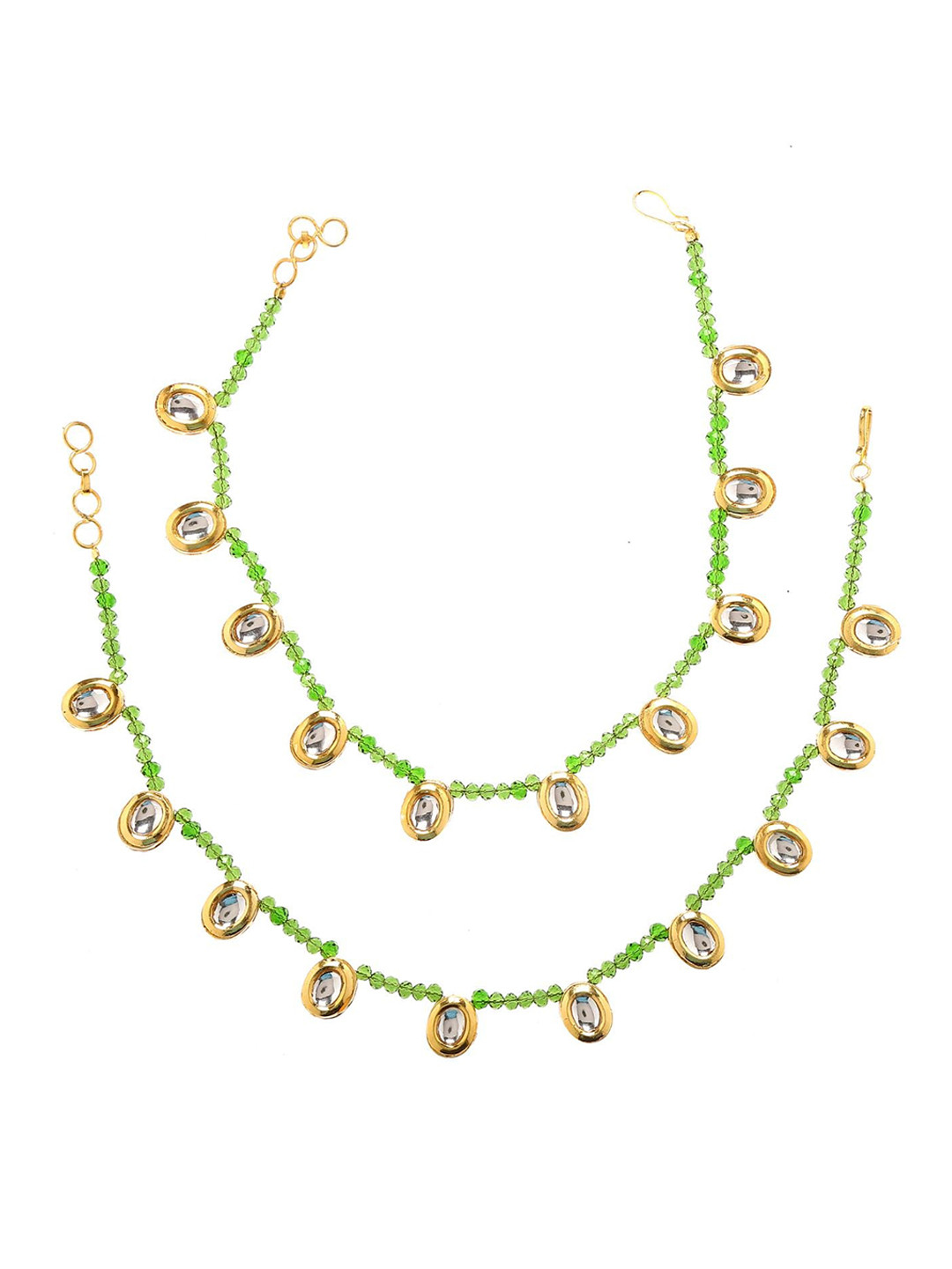 Bamboo Tree Jewels Gold-Plated Green Kundan Studded Anklet