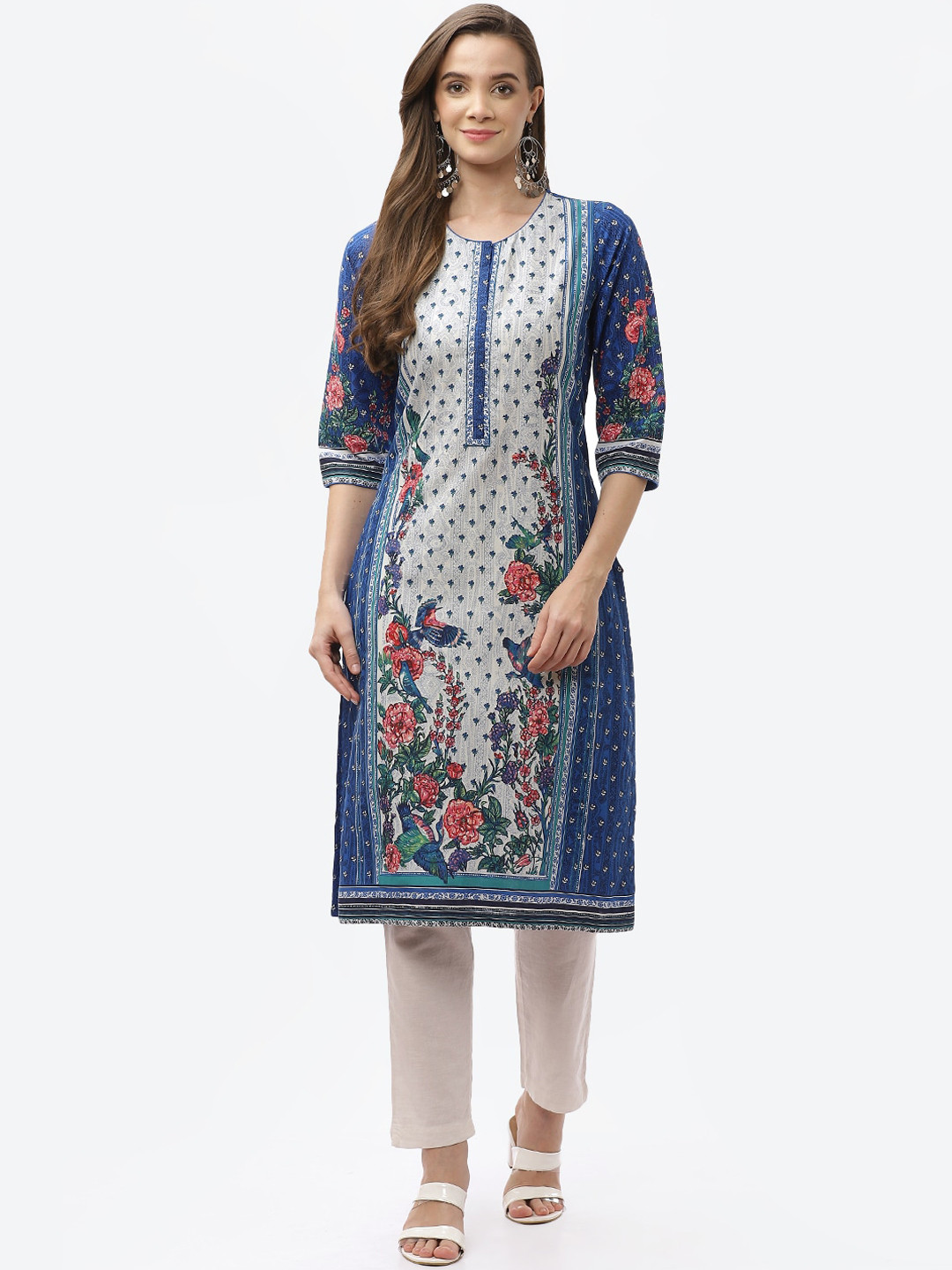 Biba Women Blue & Grey Floral Printed Kurta