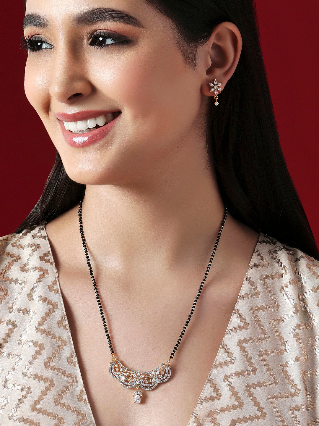 Rubans 22K Gold-Plated AD & Cubic Zirconia Studded Black Beaded Floral Mangalsutra Set