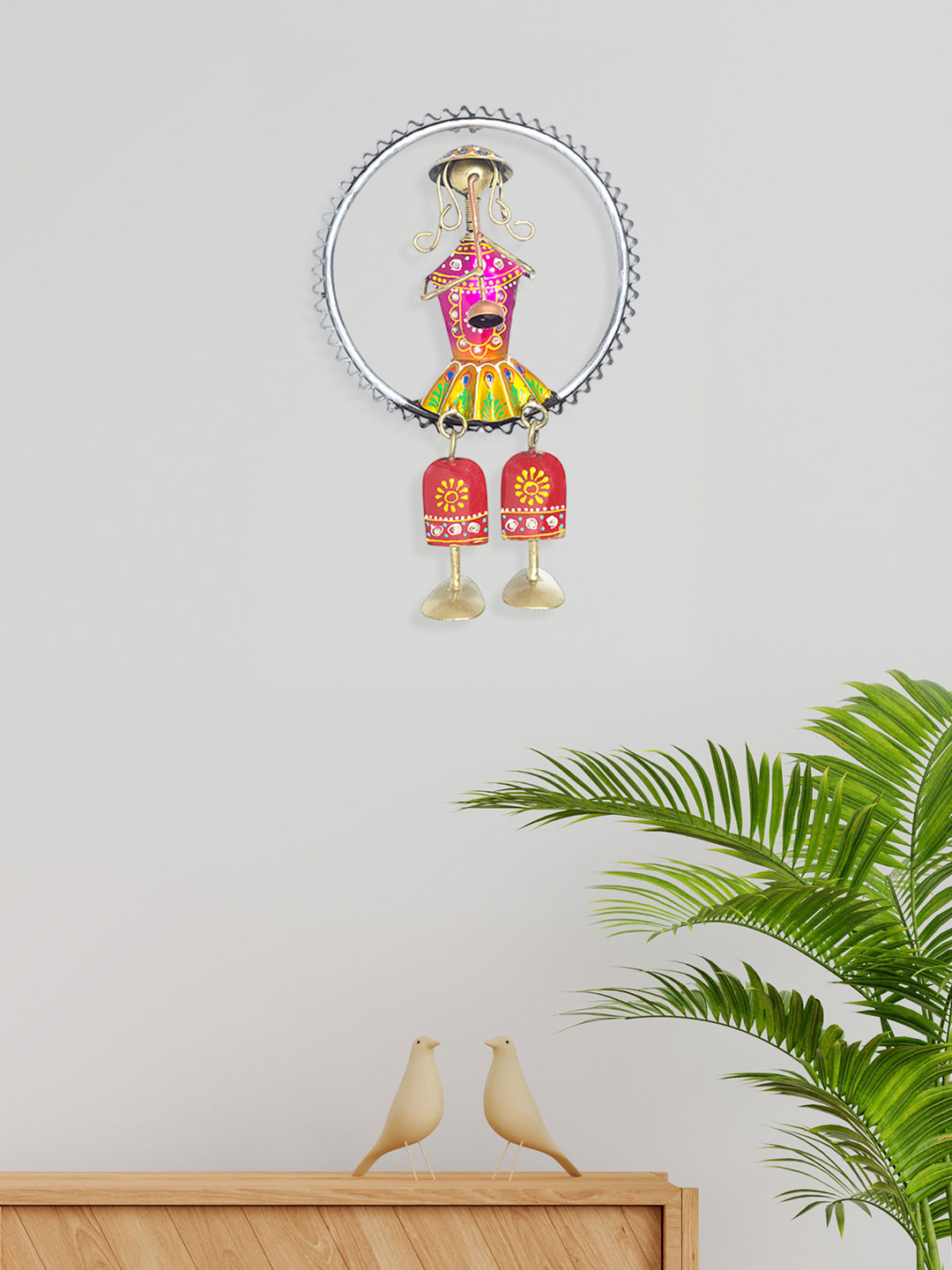 Golden Peacock Doll Metal Ethnic Motifs Matte Hanging Hall Abstract Wall Decor-10.2In