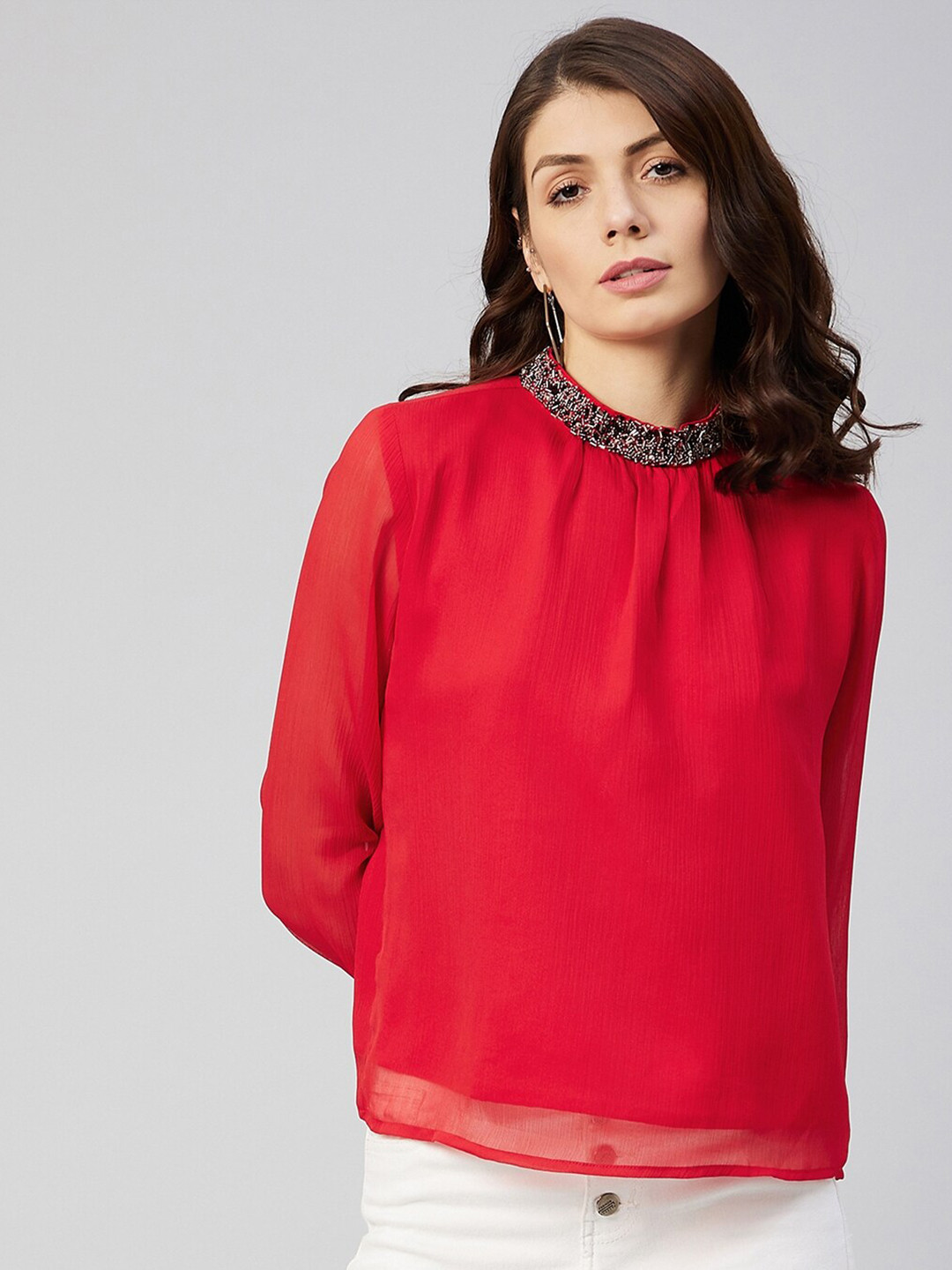 Marie Claire Women Red Chiffon High Neck Party Top