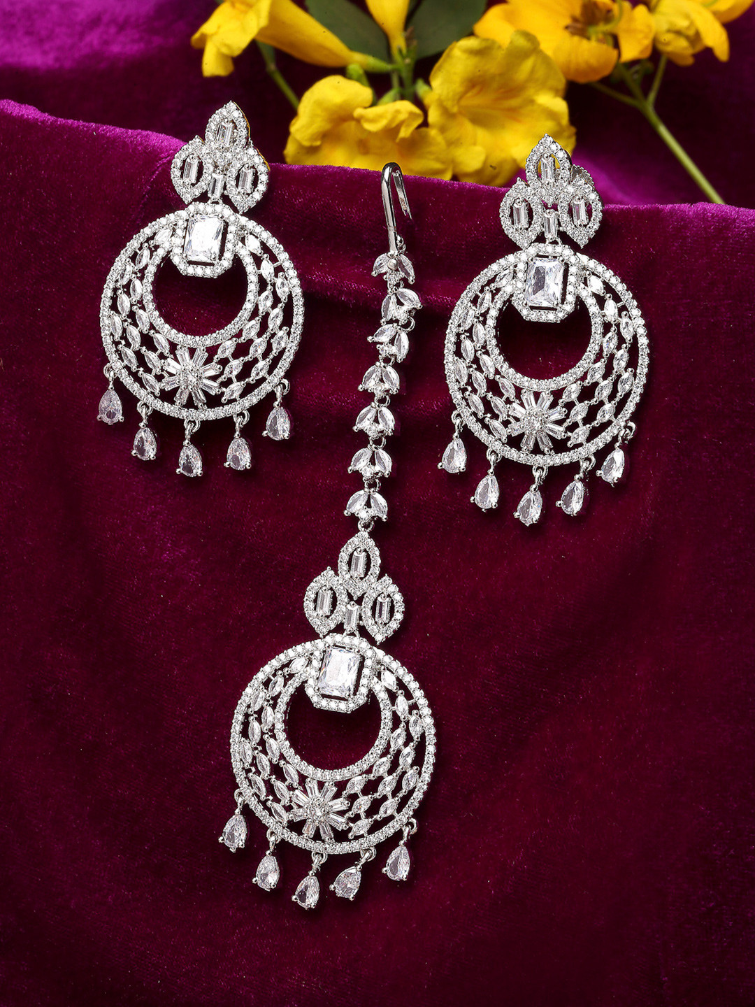 ZENEME Silver-Toned Rhodium-Plated AD Studded Maang Tikka & Earring Set