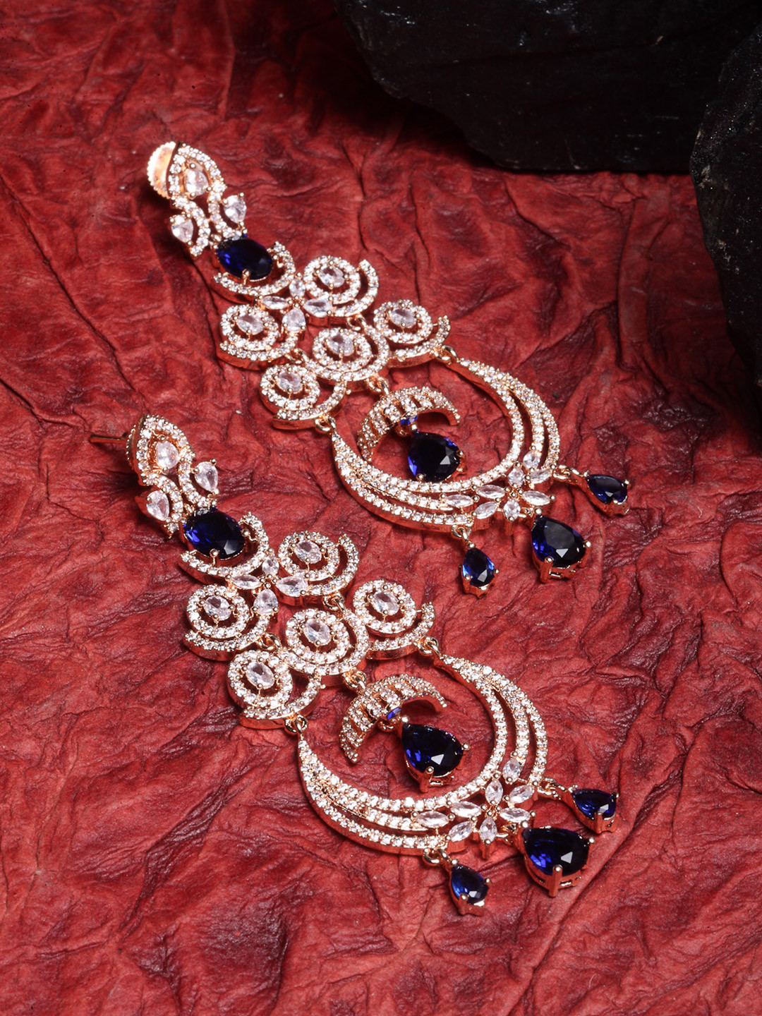 ZENEME Women Rose-Gold Plated Floral AD Stone Chandelier Earrings