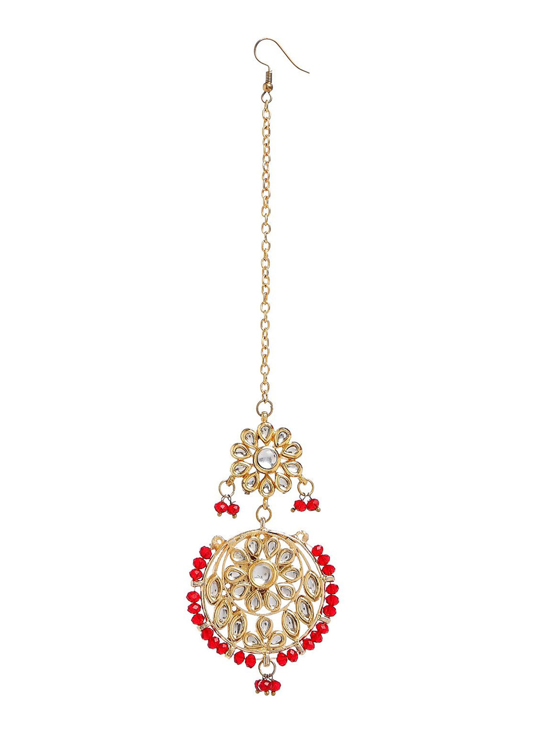 Bamboo Tree Jewels Women Gold-Plated White & Red Kundan-Studded Maang Tikka