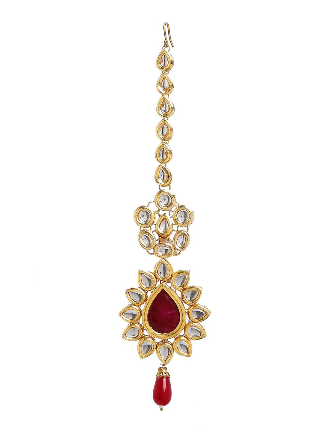 Bamboo Tree Jewels Gold-Plated Red & White Kundan-Studded Maang Tikka