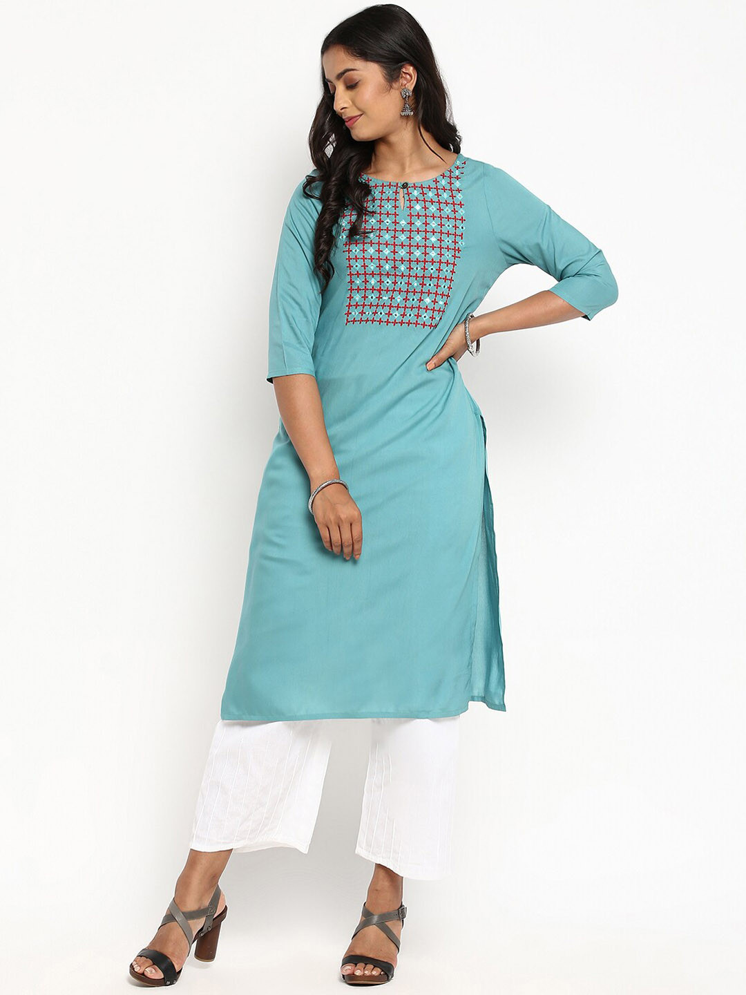 R&B Women Green Geometric Yoke Design Keyhole Neck Thread Work Kurta