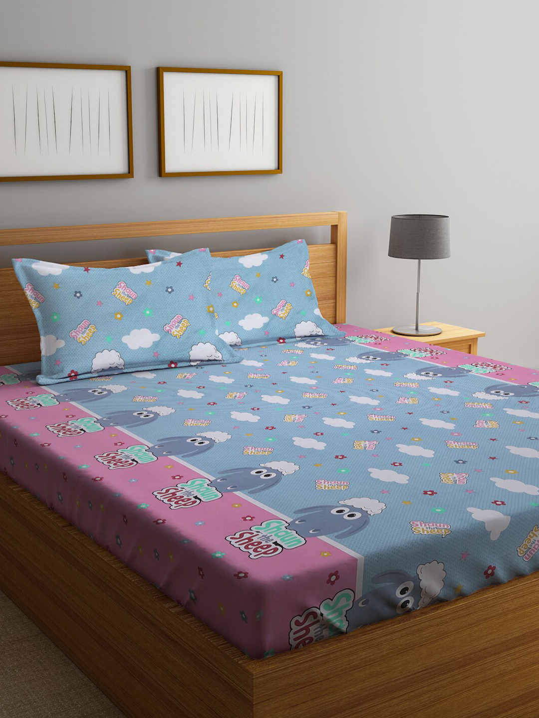 KLOTTHE Blue Cartoon Characters Cotton 400 TC King Fine Bedsheet with 2 Pillow Covers-98 x 87 inches
