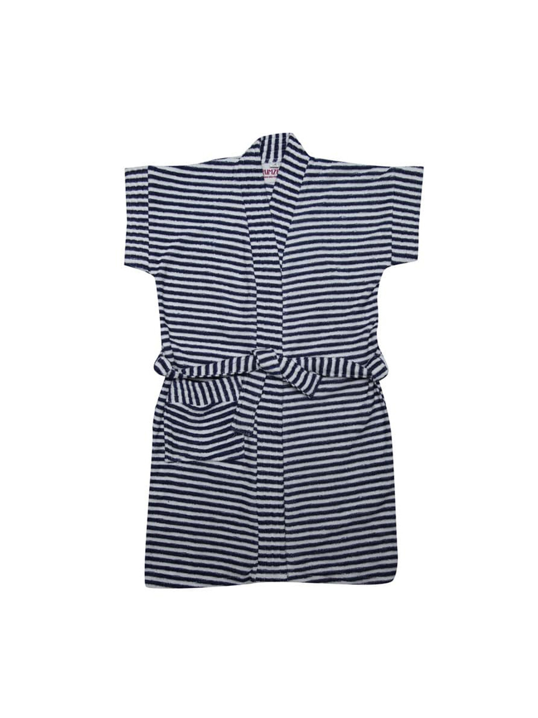 BUMZEE Navy Blue Striped Cotton Drawstring Knee Length Bath Robe-1-2Y