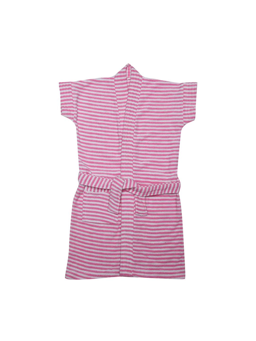 BUMZEE Pink Striped Cotton Drawstring Knee Length Bath Robe-1-2Y