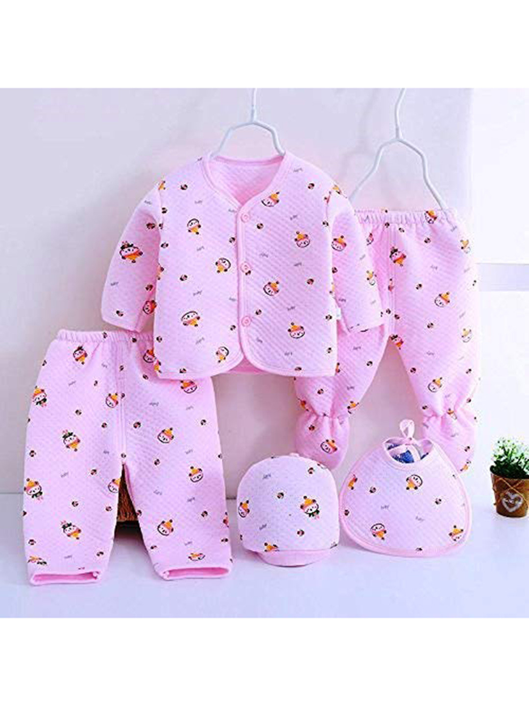 PIKIPOO Unisex-Kids Pink Printed Cotton 5-Pieces Baby Apparel Gift Set