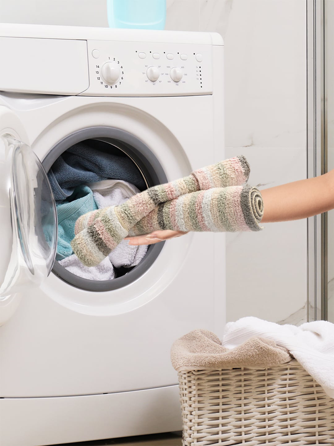 SASHAA WORLD Peach-Colored & Grey Striped Cotton 2000 GSM Bath Rugs