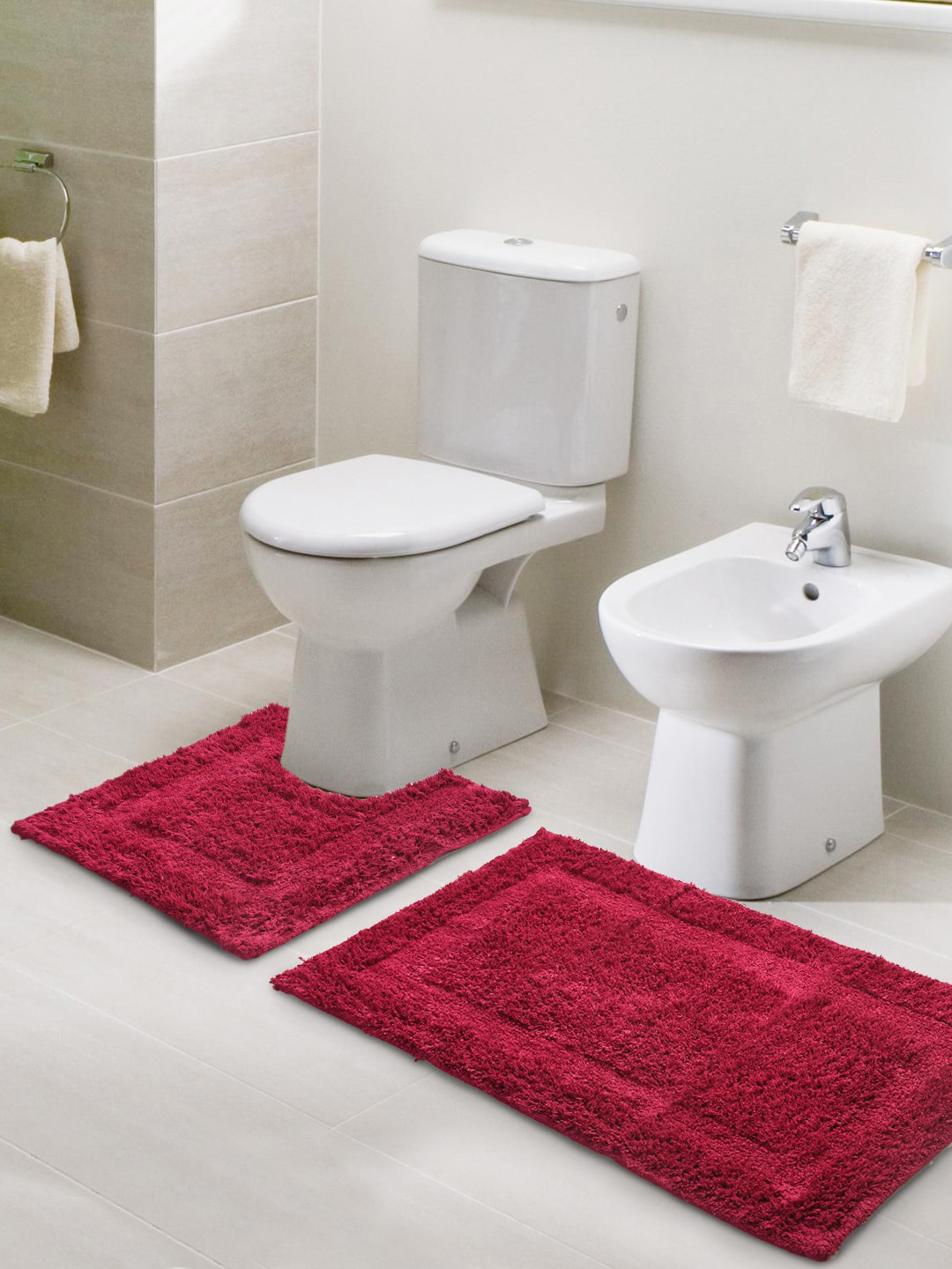 SASHAA WORLD Maroon Set of 2 2000 GSM Anti skid Bathmat & Contour