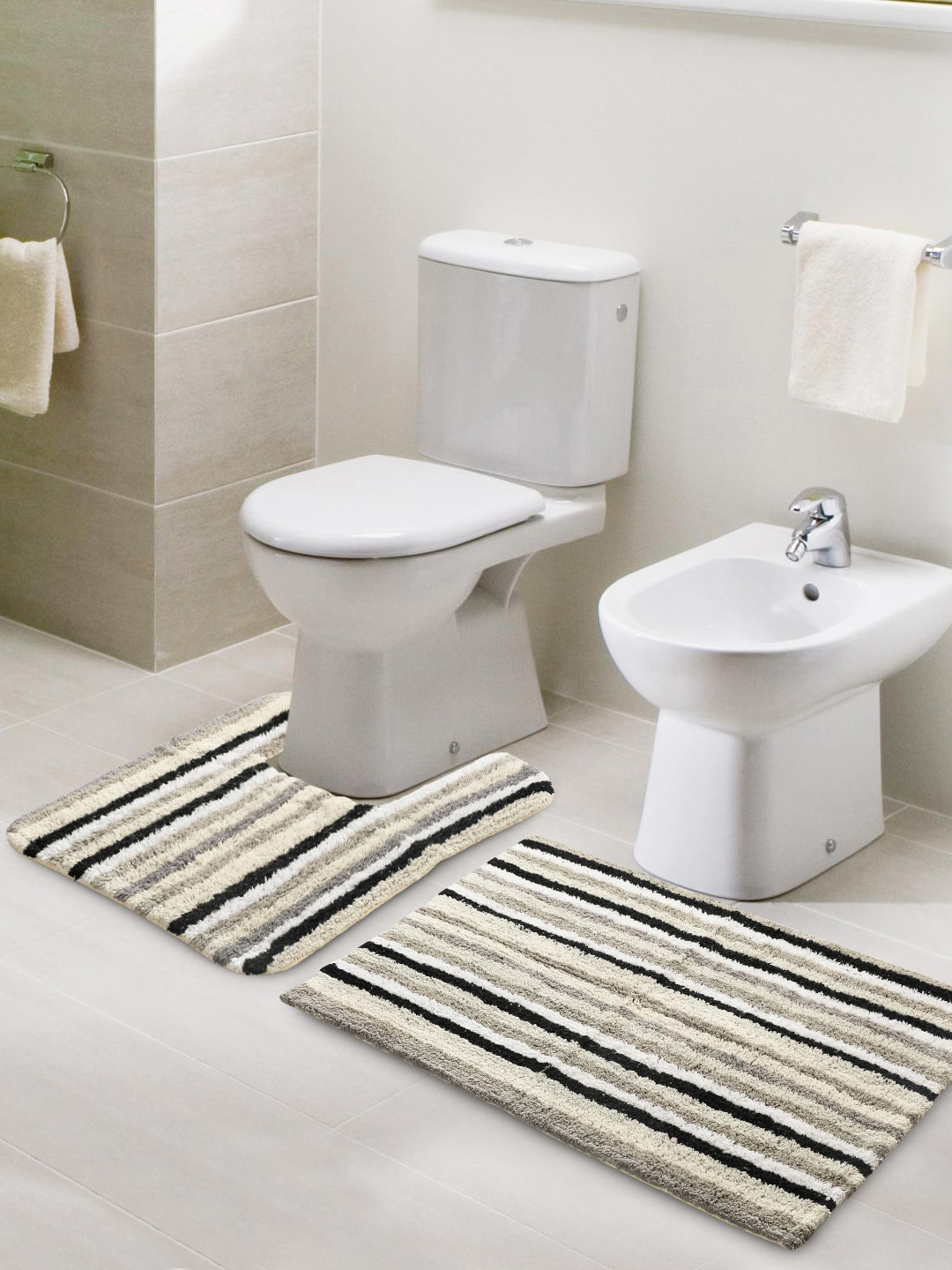 SASHAA WORLD Set of 2 Yellow & Grey Striped Anti Skid Bath Rugs