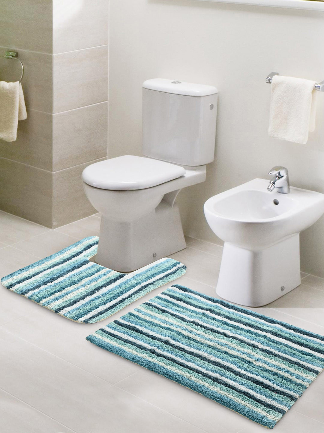 SASHAA WORLD Adults unisex Set of 2 Blue & White Striped 2000 GSM Anti Skid Bath Rugs