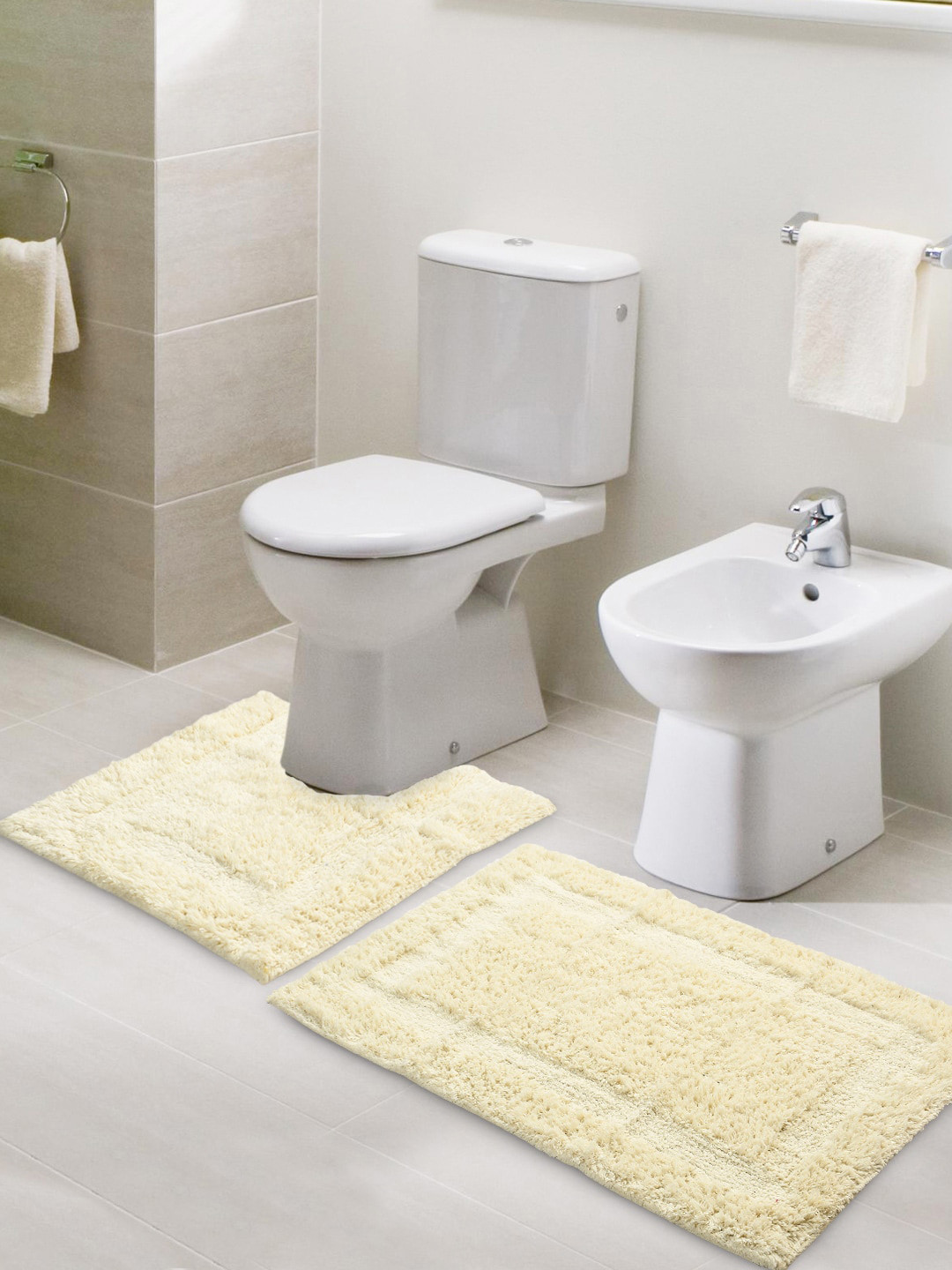 SASHAA WORLD Cream Colored Set of 2 2000 GSM Cotton Anti Skid Bath Rug & Contour