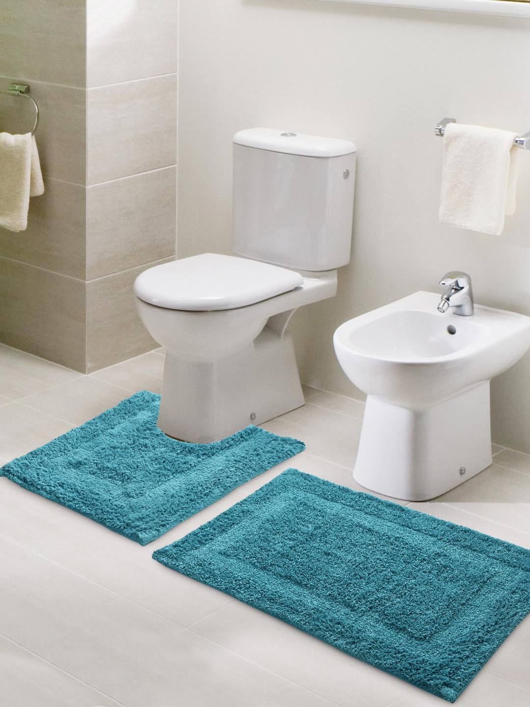 SASHAA WORLD Blue 2000 GSM Bath Rug & Contour Mat Set