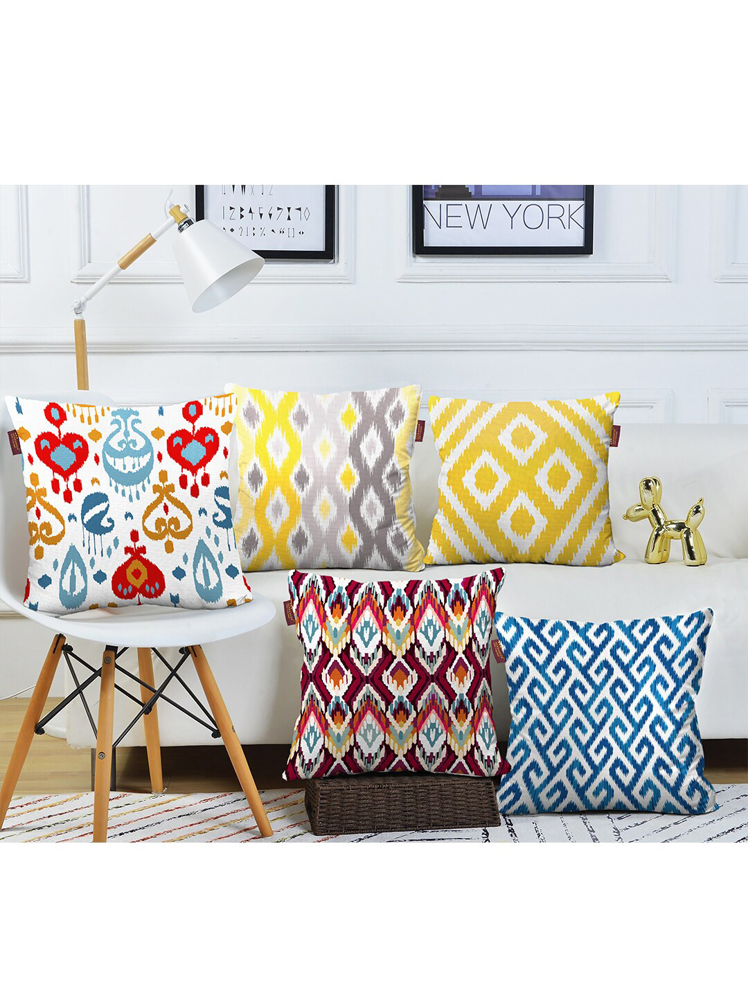 AEROHAVEN Ikat Printed Ethnic Motifs Cotton Canvas 5 Pcs Textured Cushion Covers -20x20In