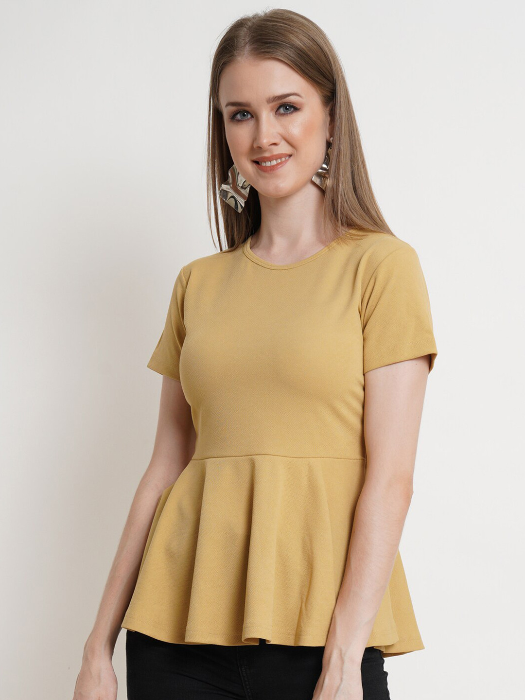 Popwings solid Gold-Toned Peplum  Pleated Design Top