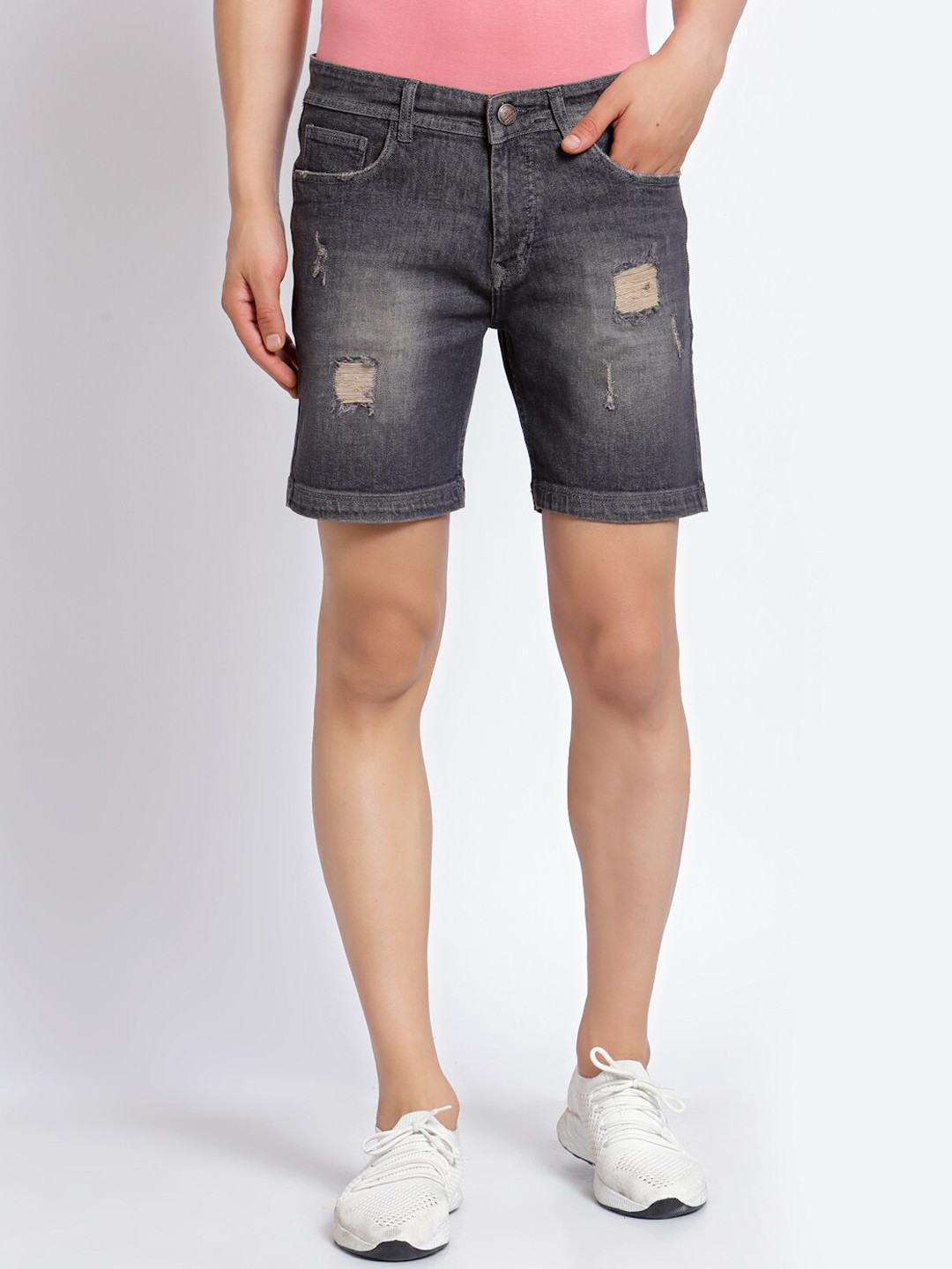 FEVER Men Grey Melange Washed Slim Fit Denim Shorts