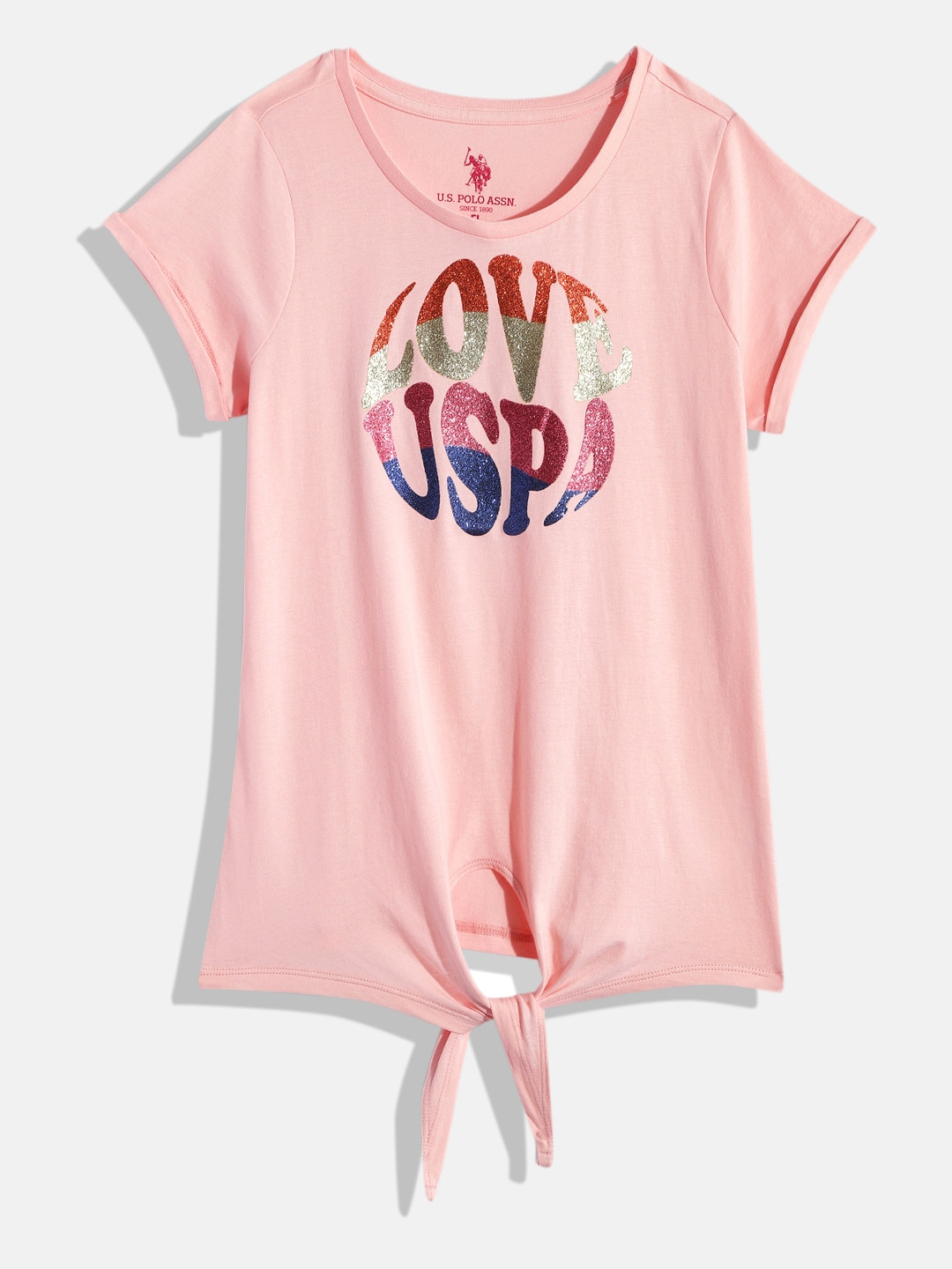 U.S. Polo Assn. Kids Girls Brand Logo Glitter Printed Pure Cotton Knotted T-shirt