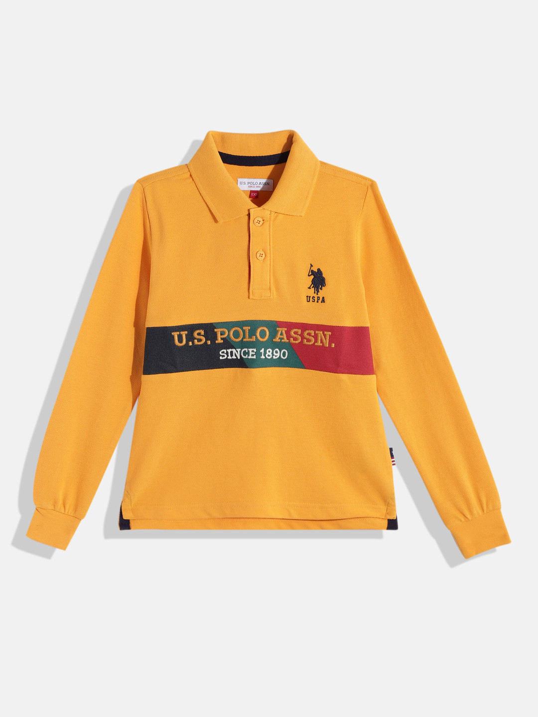 U.S. Polo Assn. Kids Boys Mustard Yellow Brand Logo Embroidered Pure Cotton T-shirt