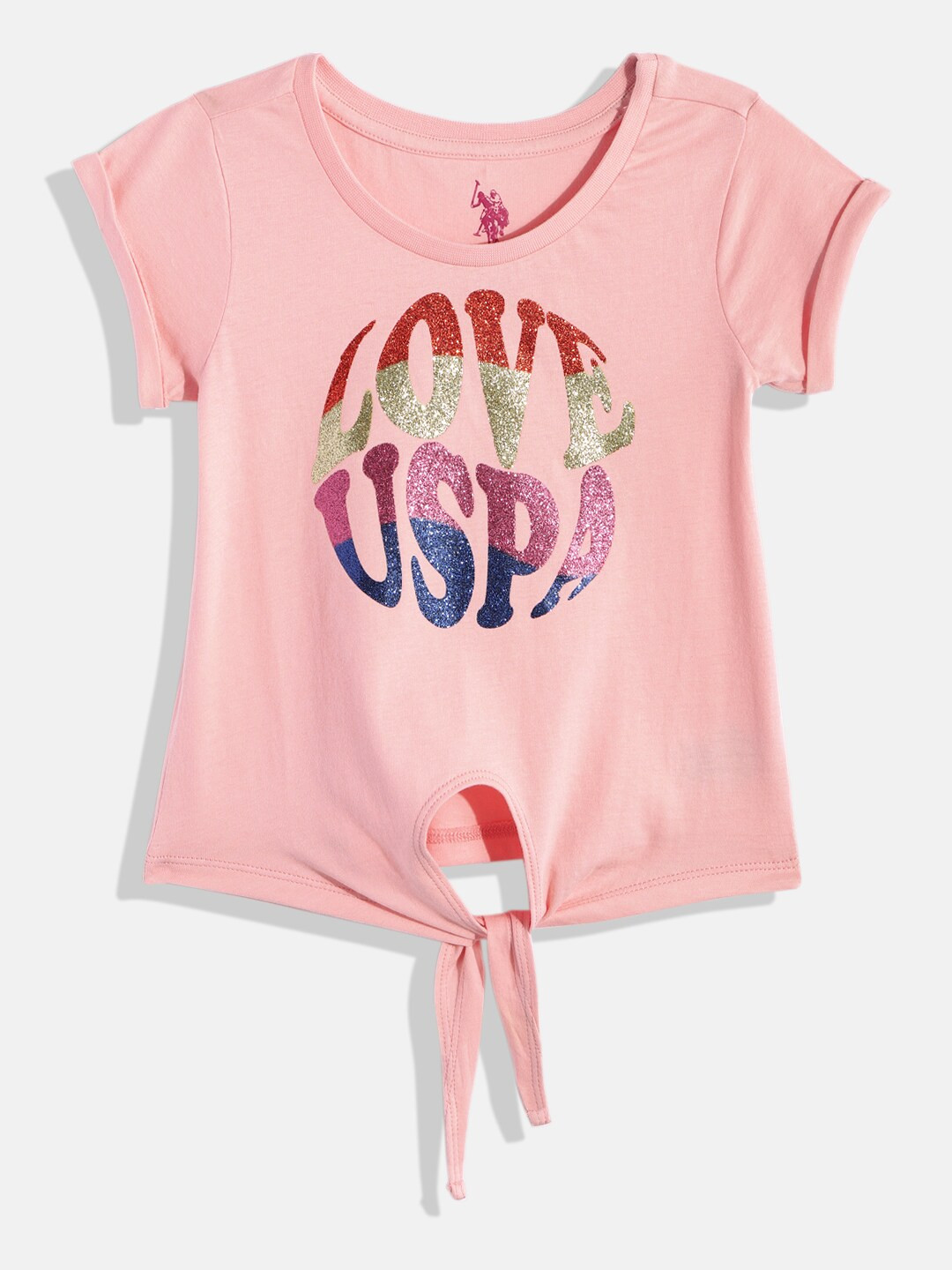 U.S. Polo Assn. Kids Girls Peach-Coloured Brand Logo Printed Pure Cotton Knotted T-shirt