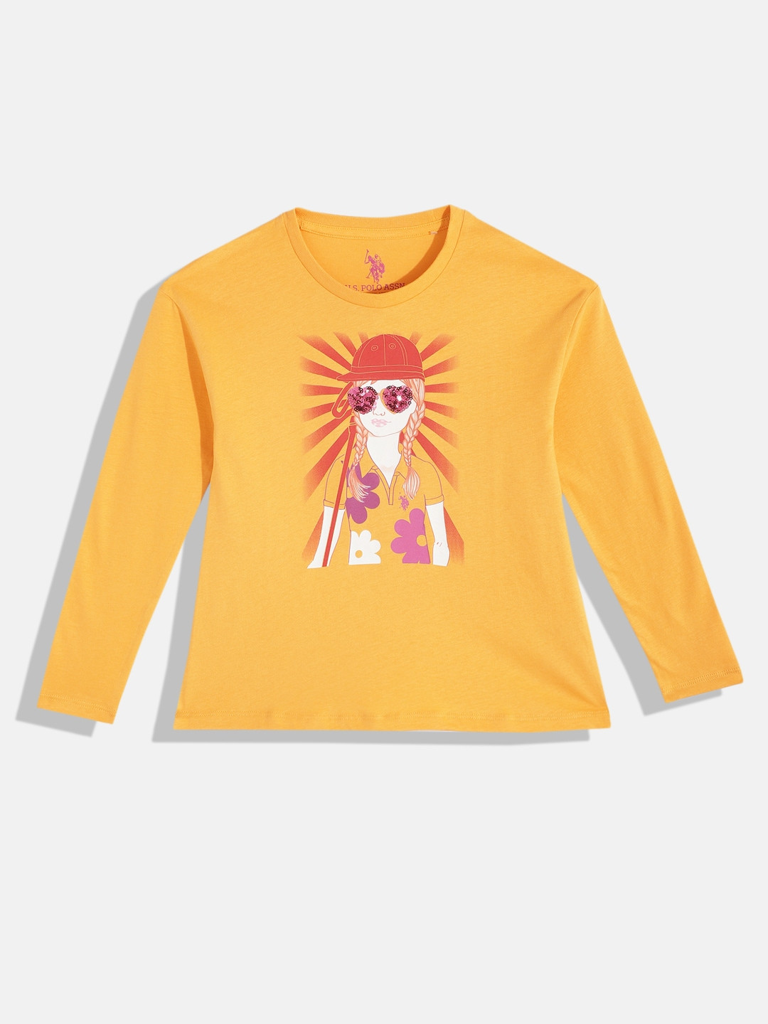 U.S. Polo Assn. Kids Girls Graphic Print & Sequins Embellished Pure Cotton T-shirt