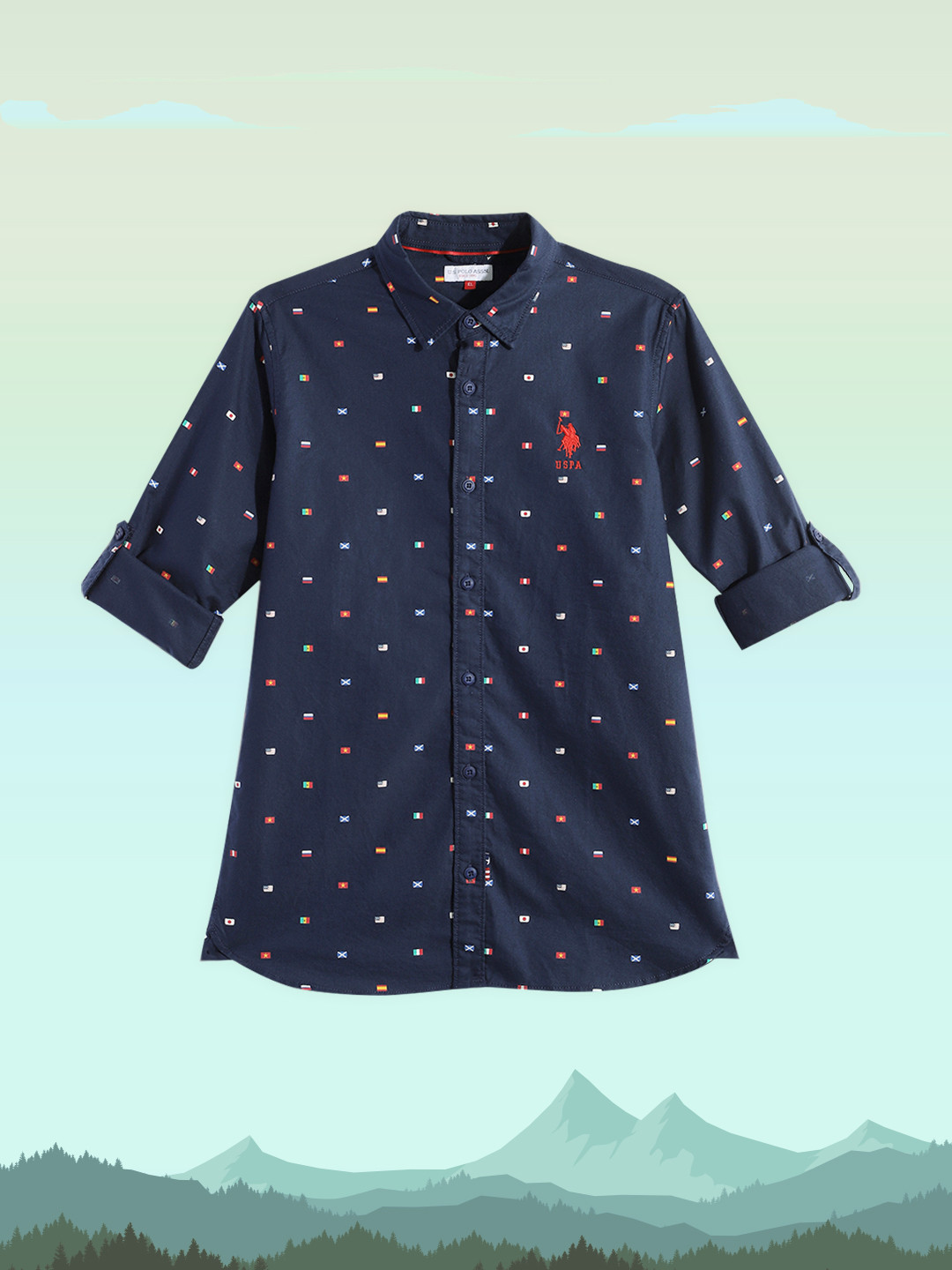 U.S. Polo Assn. Kids Boys Navy Blue Conversational Opaque Printed Pure Cotton Casual Shirt