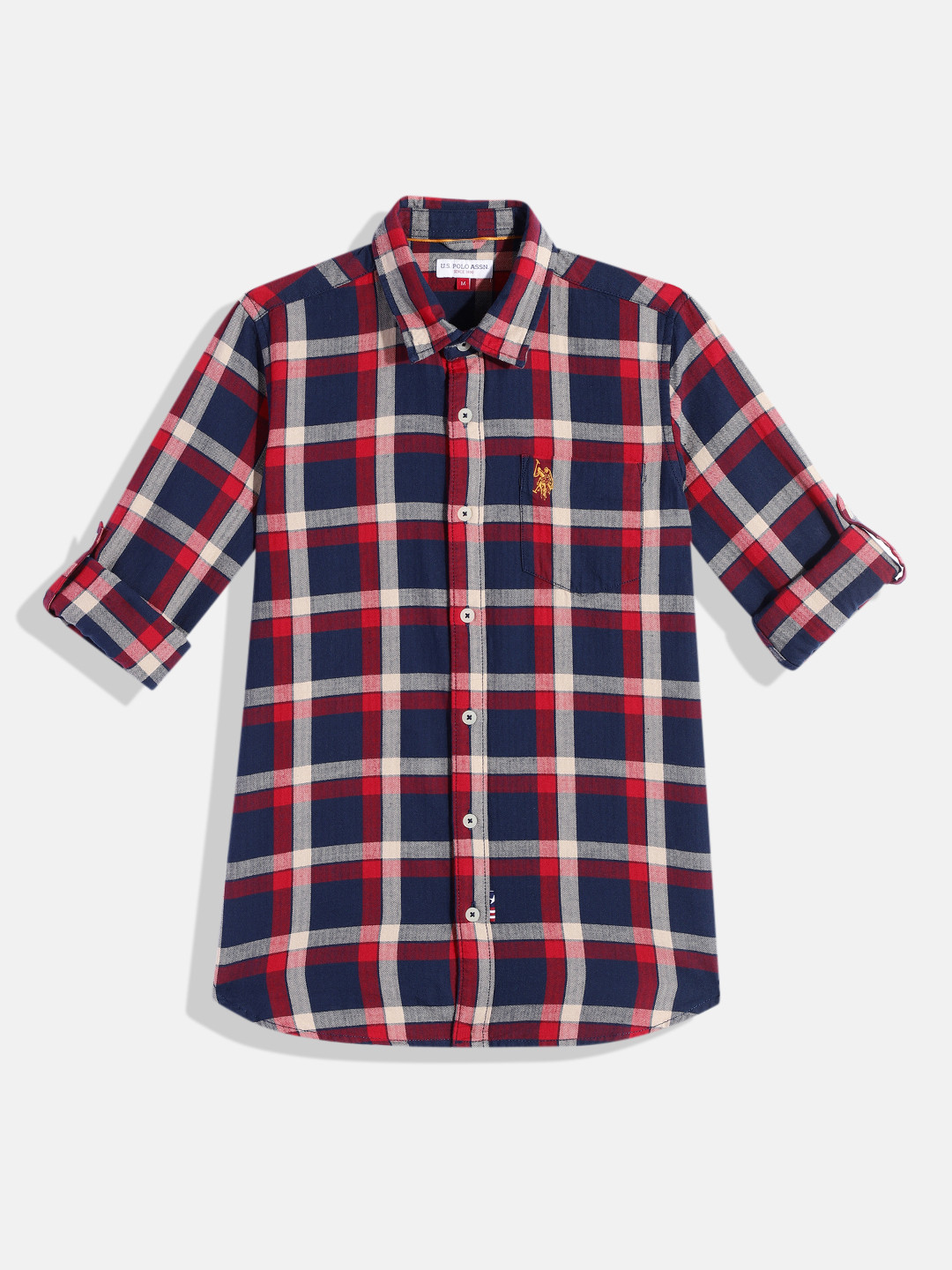 U.S. Polo Assn. Kids Boys Navy Blue & Red Tartan Checked Pure Cotton Casual Shirt