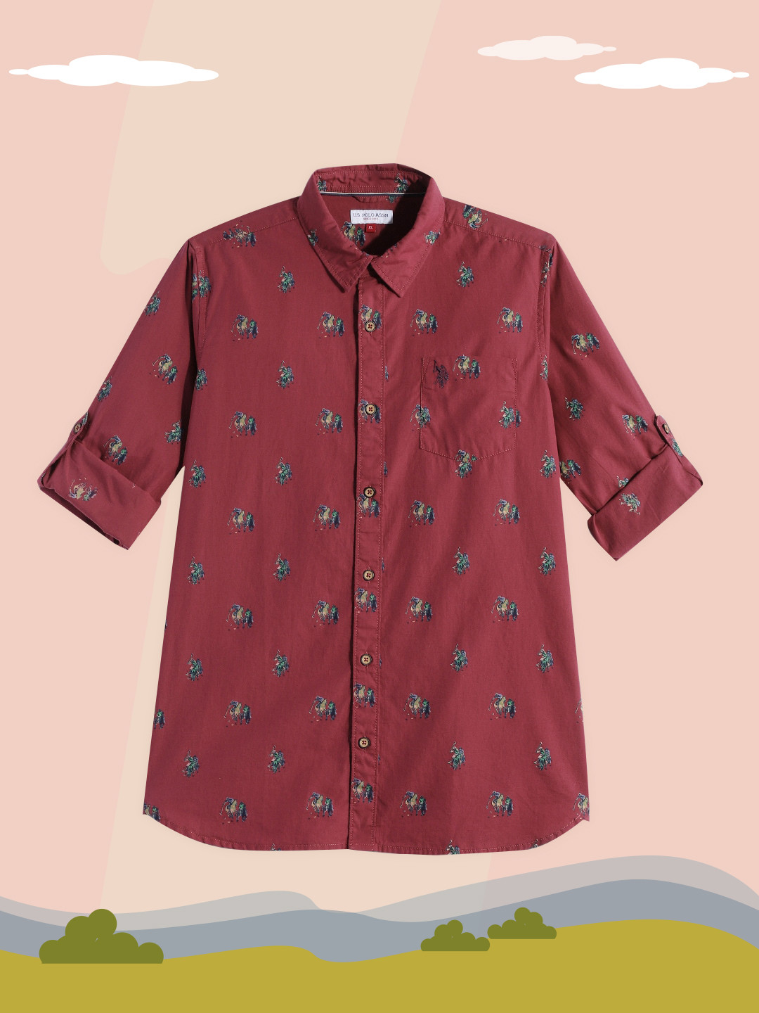 U.S. Polo Assn. Kids Boys Red Brand Logo Opaque Print Pure Cotton Casual Shirt with Pocket