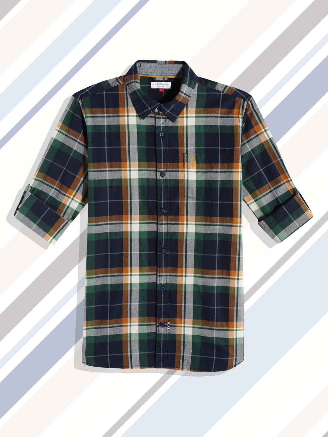 U.S. Polo Assn. Kids Boys Navy Blue & Green Checked Pure Cotton Casual Shirt