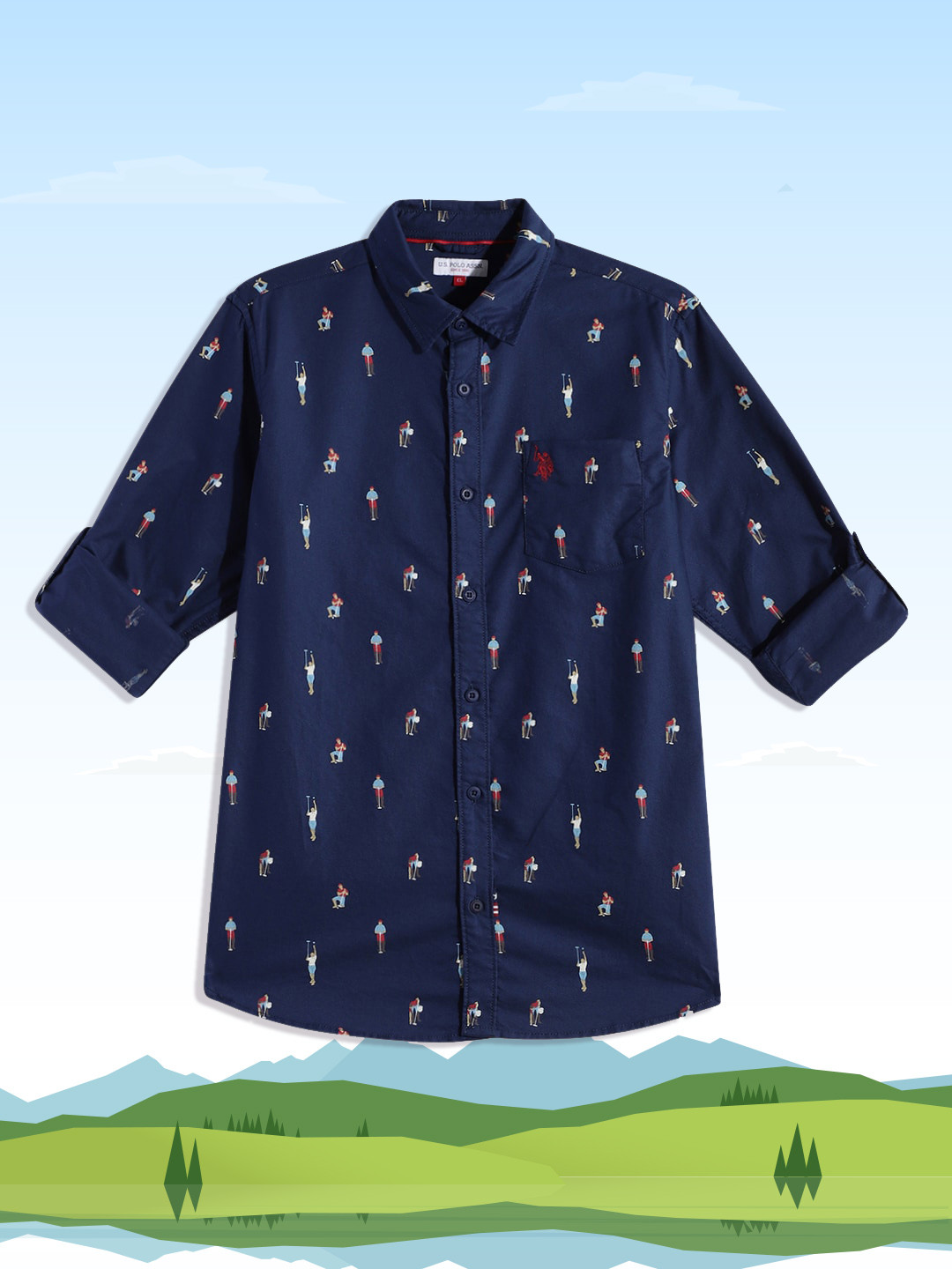U.S. Polo Assn. Kids Boys Navy Blue Conversational Opaque Printed Pure Cotton Casual Shirt
