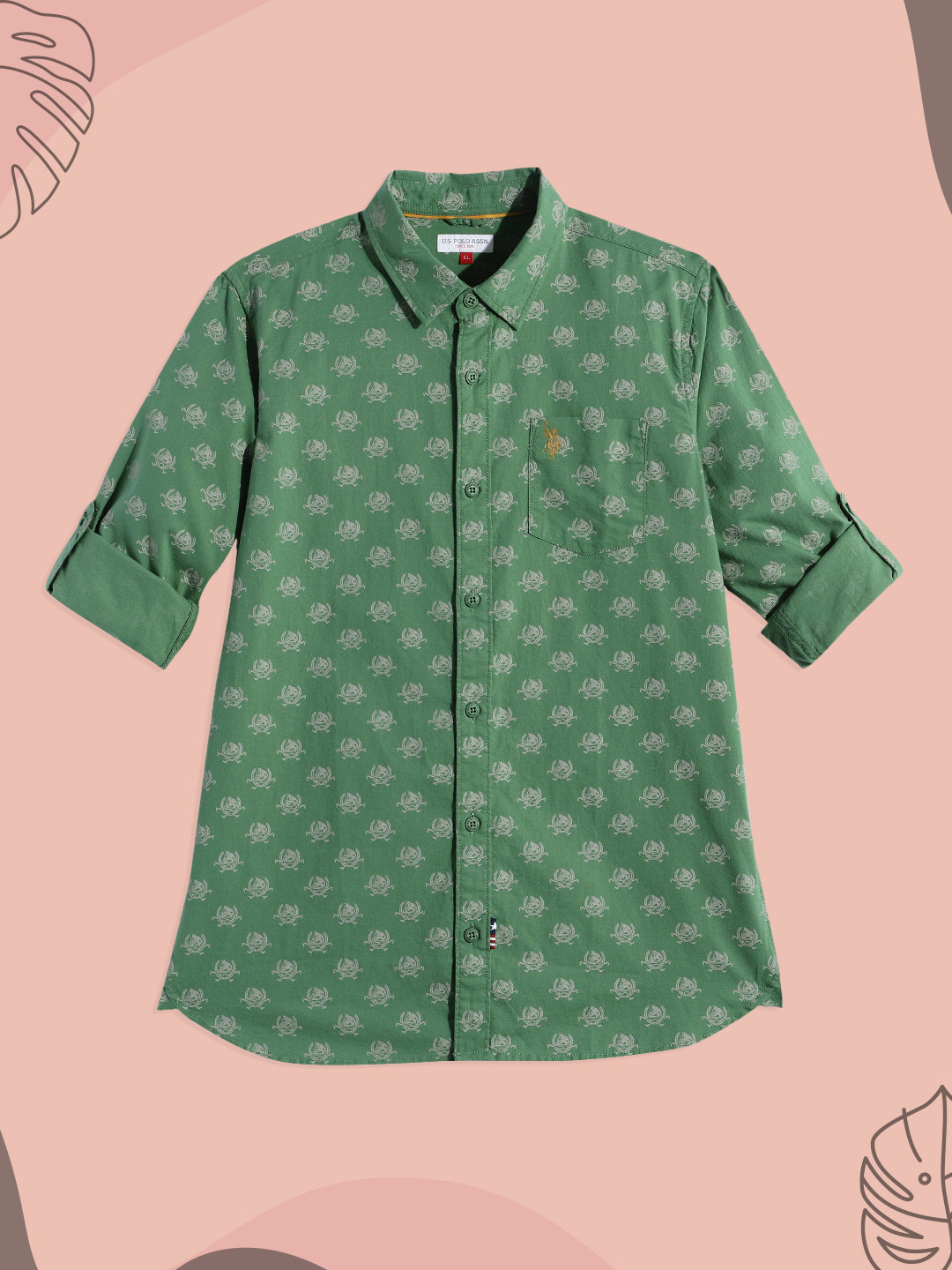 U.S. Polo Assn. Kids Boys Green Brand Logo Opaque Printed Pure Cotton Casual Shirt