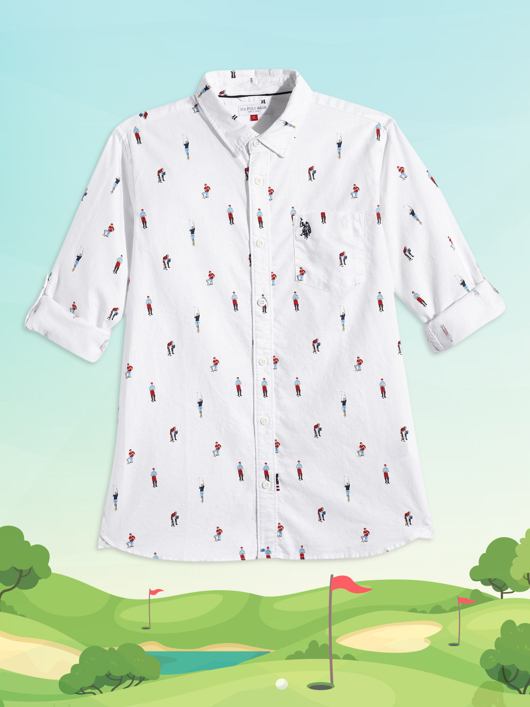 U.S. Polo Assn. Kids Boys White Conversational Opaque Print Pure Cotton Casual Shirt