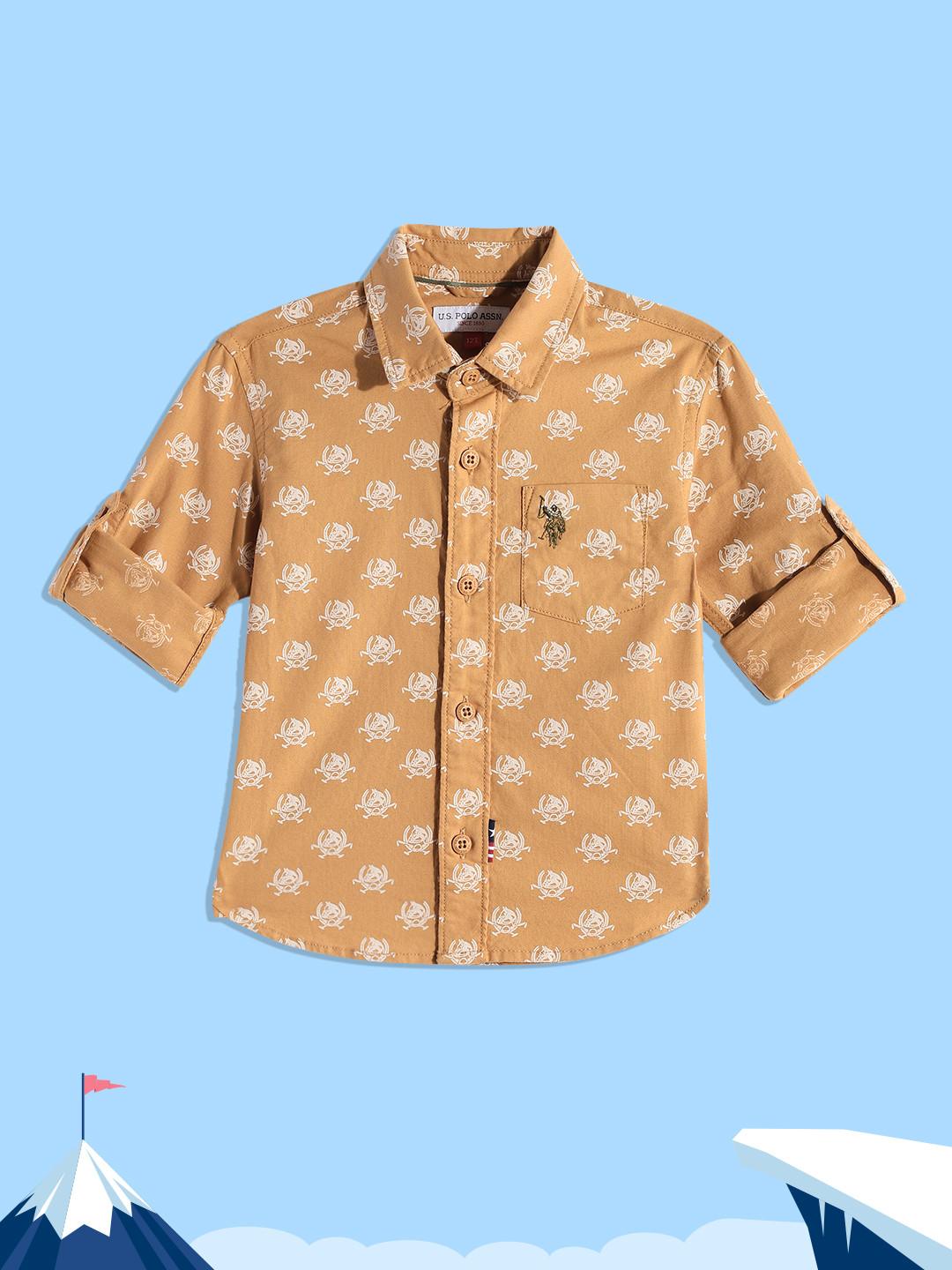 U.S. Polo Assn. Kids Boys Mustard Yellow Conversational Printed Pure Cotton Casual Shirt