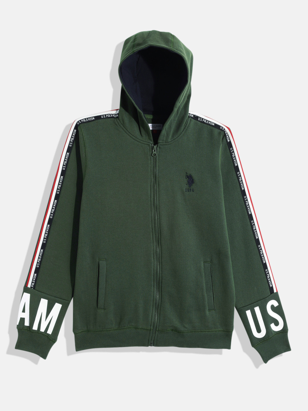 U.S. Polo Assn. Kids Boys Green Solid Hooded Front-Open Sweatshirt With Brand Logo Taping