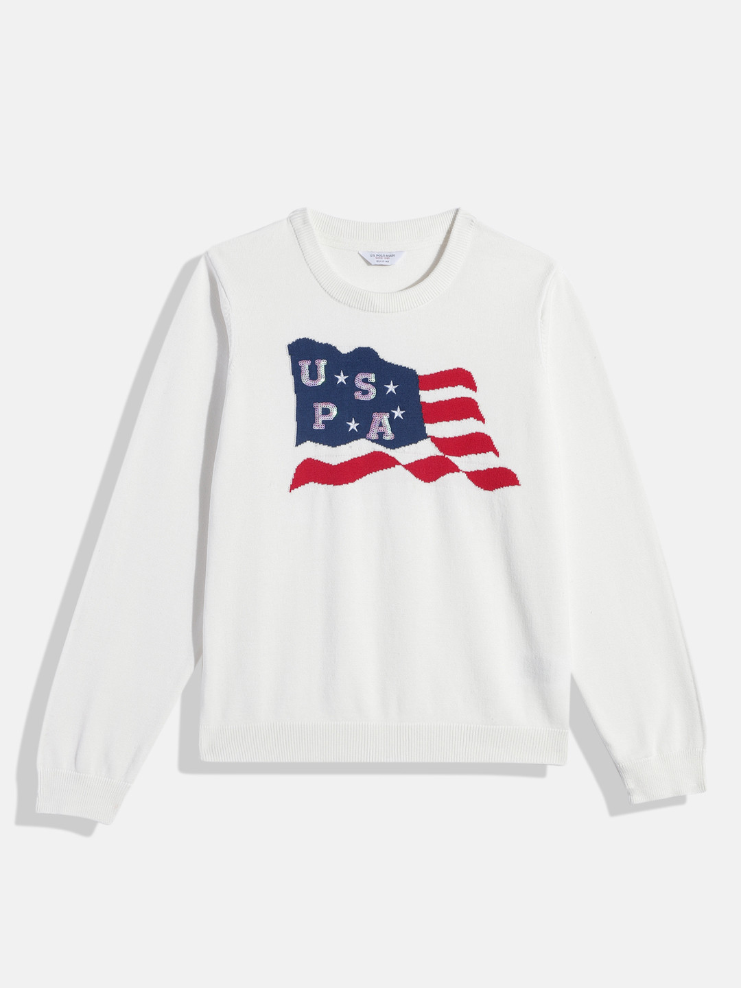 U.S. Polo Assn. Kids Girls White Brand Logo Print Pure Cotton Pullover with Embellishment