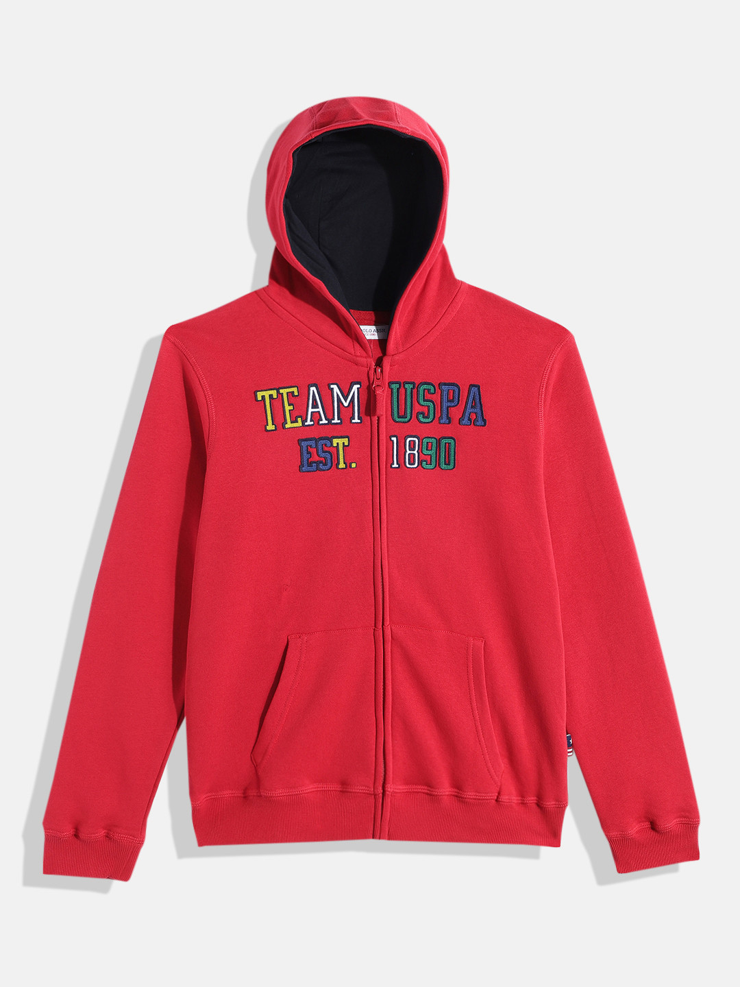 U.S. Polo Assn. Kids Boys Red Brand Logo Self Design Hooded Pure Cotton Sweatshirt