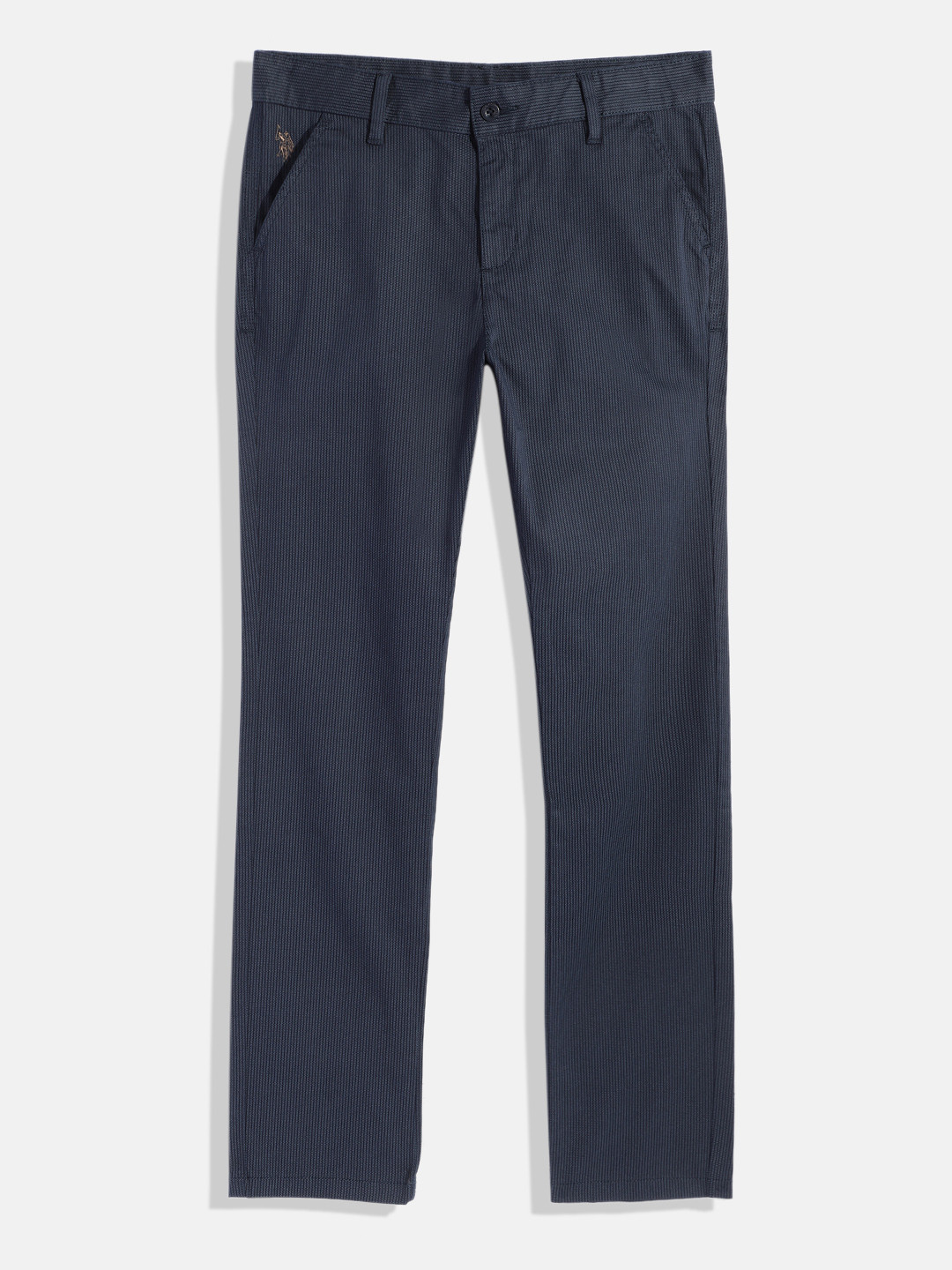 U.S. Polo Assn. Kids Boys Navy Blue Striped Regular Fit Mid-Rise Plain Knitted Trousers